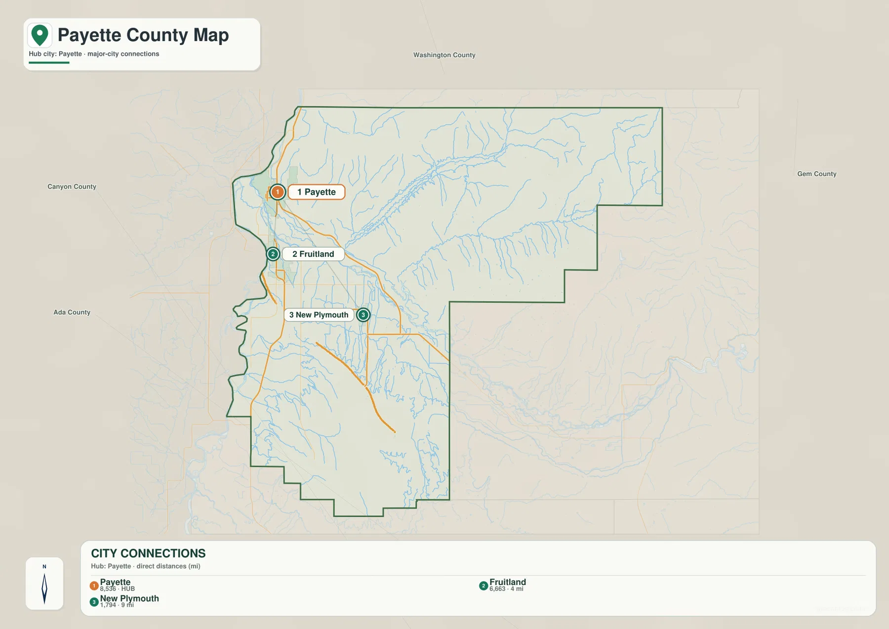 Payette County city map showing Payette, Fruitland, New Plymouth, and straight-line distances