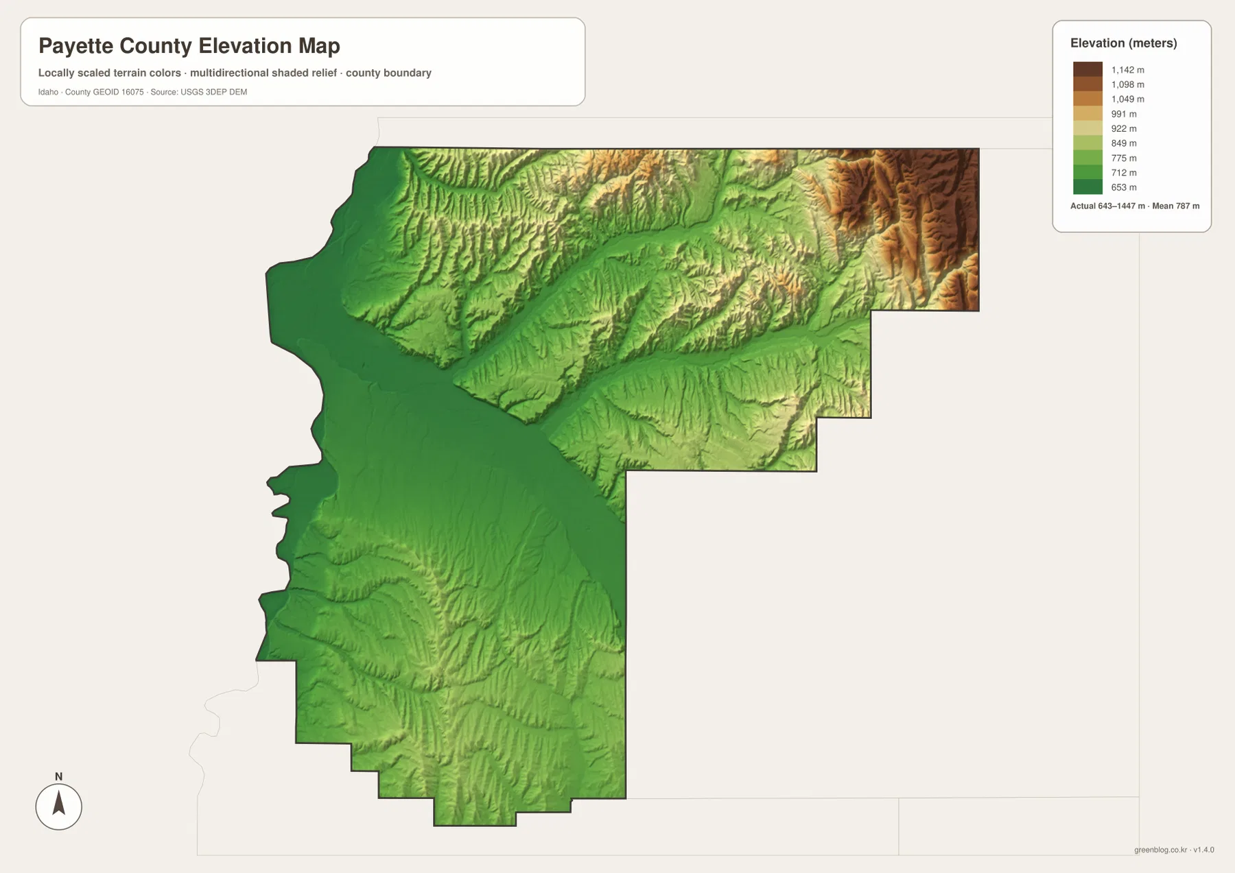 Payette County elevation map showing a range of about 643 to 1447 meters