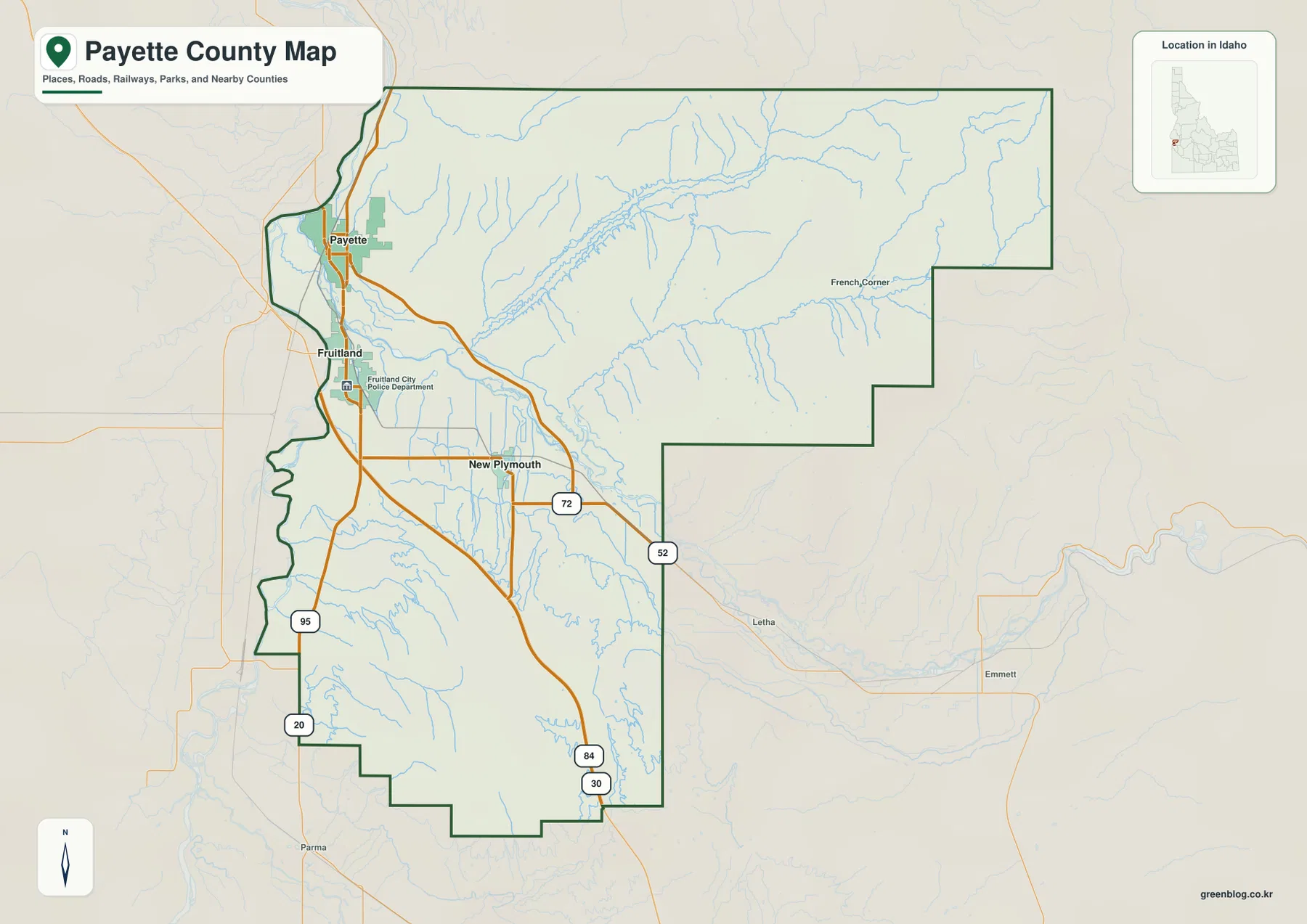 Payette County map showing Payette, Fruitland, New Plymouth, US 95, and ID 52