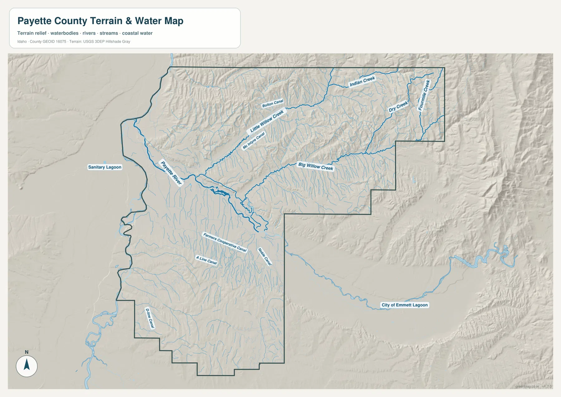 Payette County water map showing Payette River, Big Willow Creek, Little Willow Creek, and canals