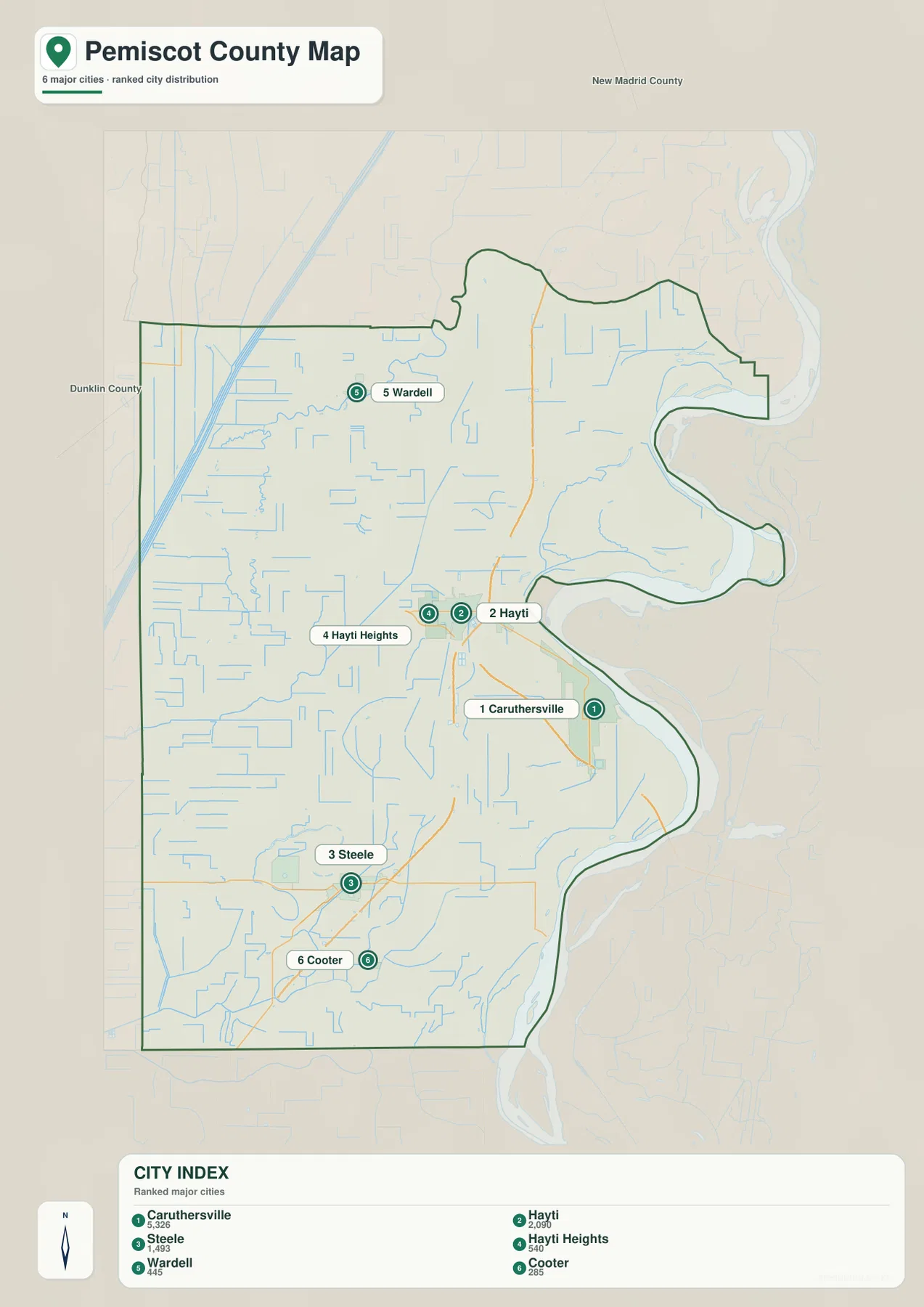 Pemiscot County city map showing Caruthersville, Hayti, Steele, Hayti Heights, Wardell, and Cooter