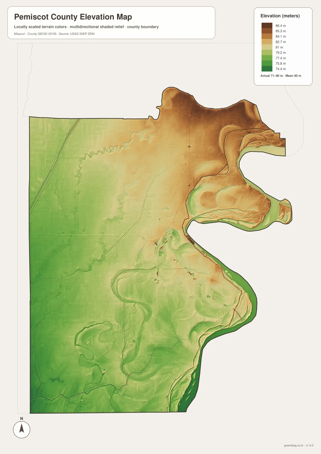 Pemiscot County elevation map showing 71 to 90 meter relief, low western plains, and slightly higher northern and northeastern river-side terrain