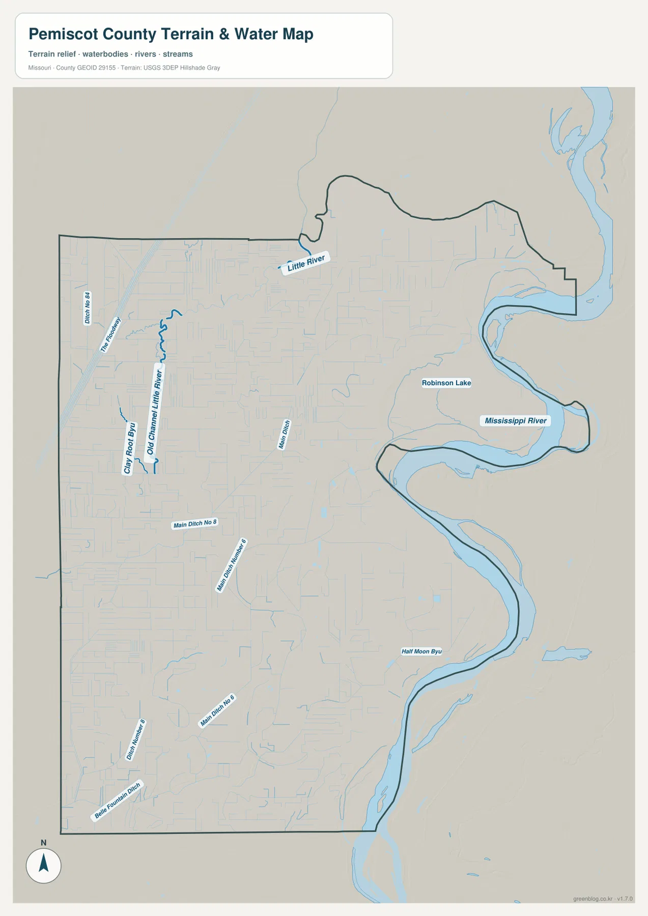 Pemiscot County terrain and water map showing the Mississippi River, Little River, Old Channel Little River, Robinson Lake, Half Moon Bayou, and drainage ditches