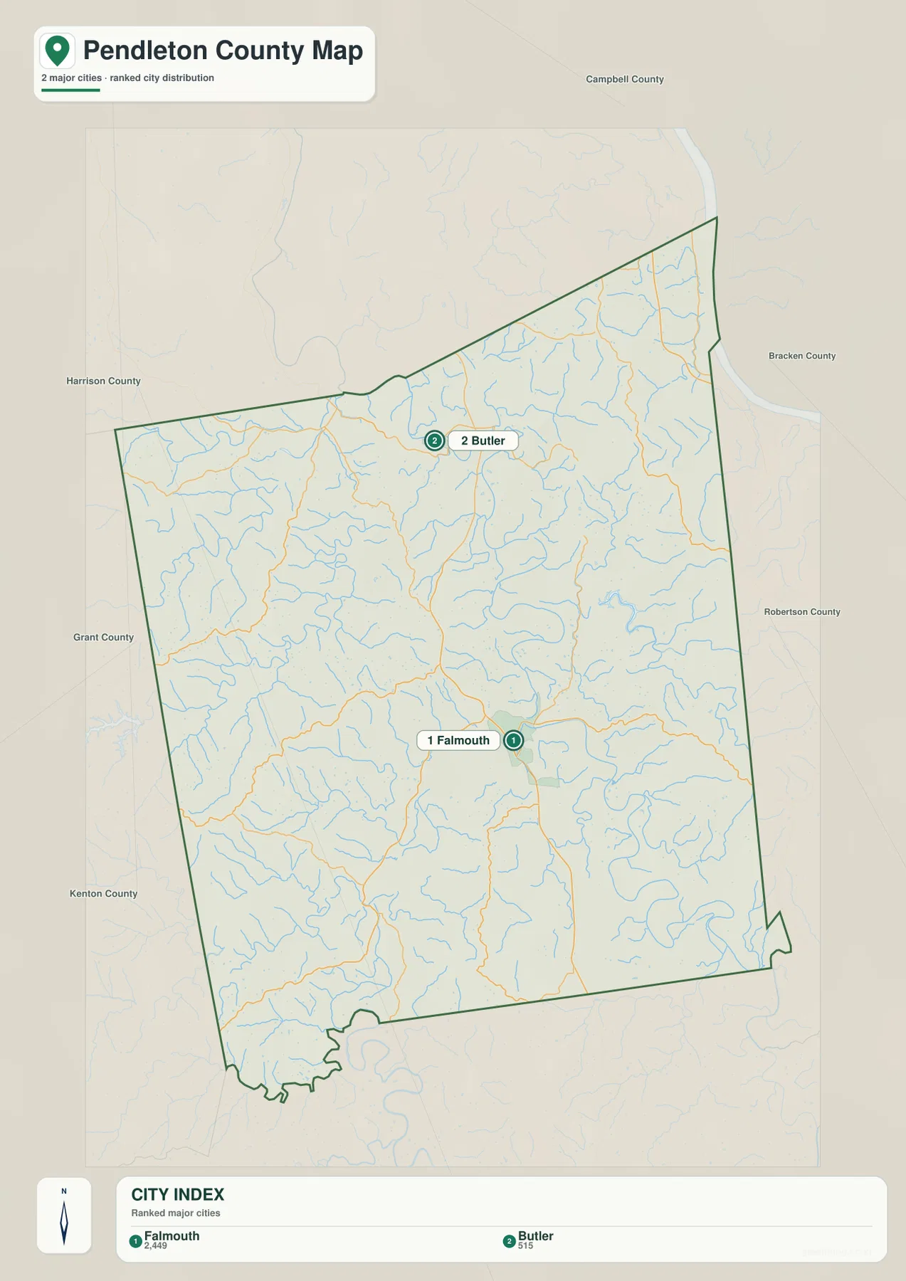 Pendleton County 도시 분포 지도에서 Falmouth와 Butler의 순위 및 주변 카운티를 보여 주는 지도