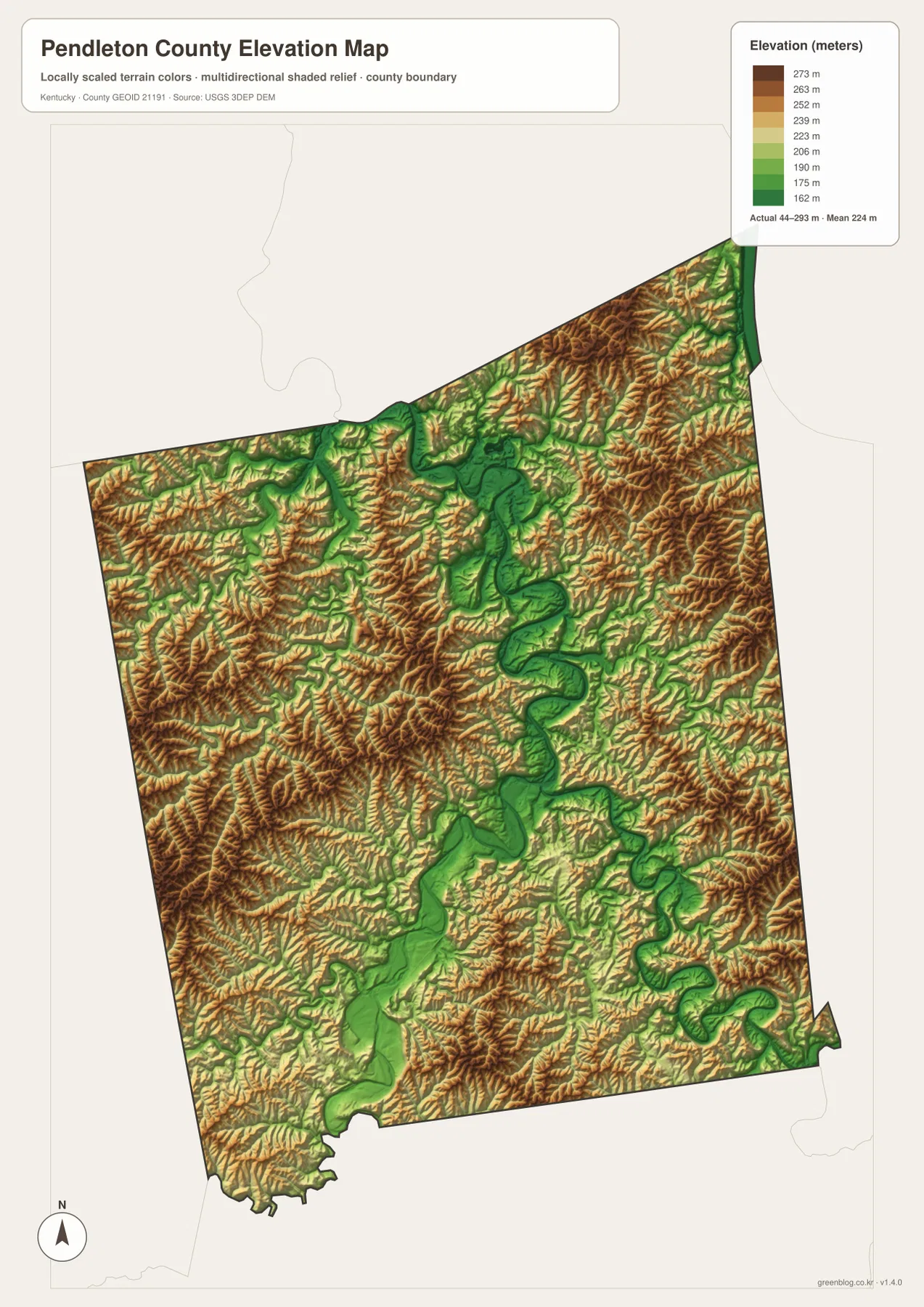 Pendleton County의 약 44~293m 고도 범위와 Licking River 저지대, 서부·동부 높은 구릉을 보여 주는 고도 지도