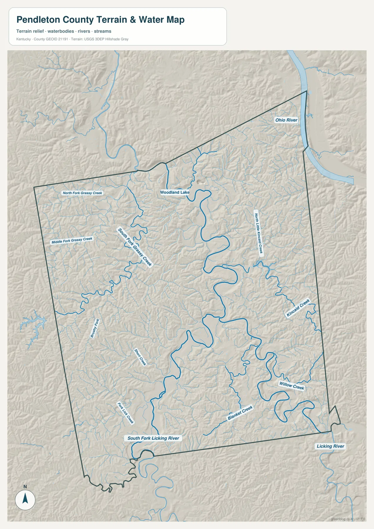 Pendleton County의 Licking River, South Fork Licking River, Grassy Creek 계통, Kincaid Creek, Blanket Creek, Willow Creek, Woodland Lake와 Ohio River 방향을 표시한 수역·지형 지도