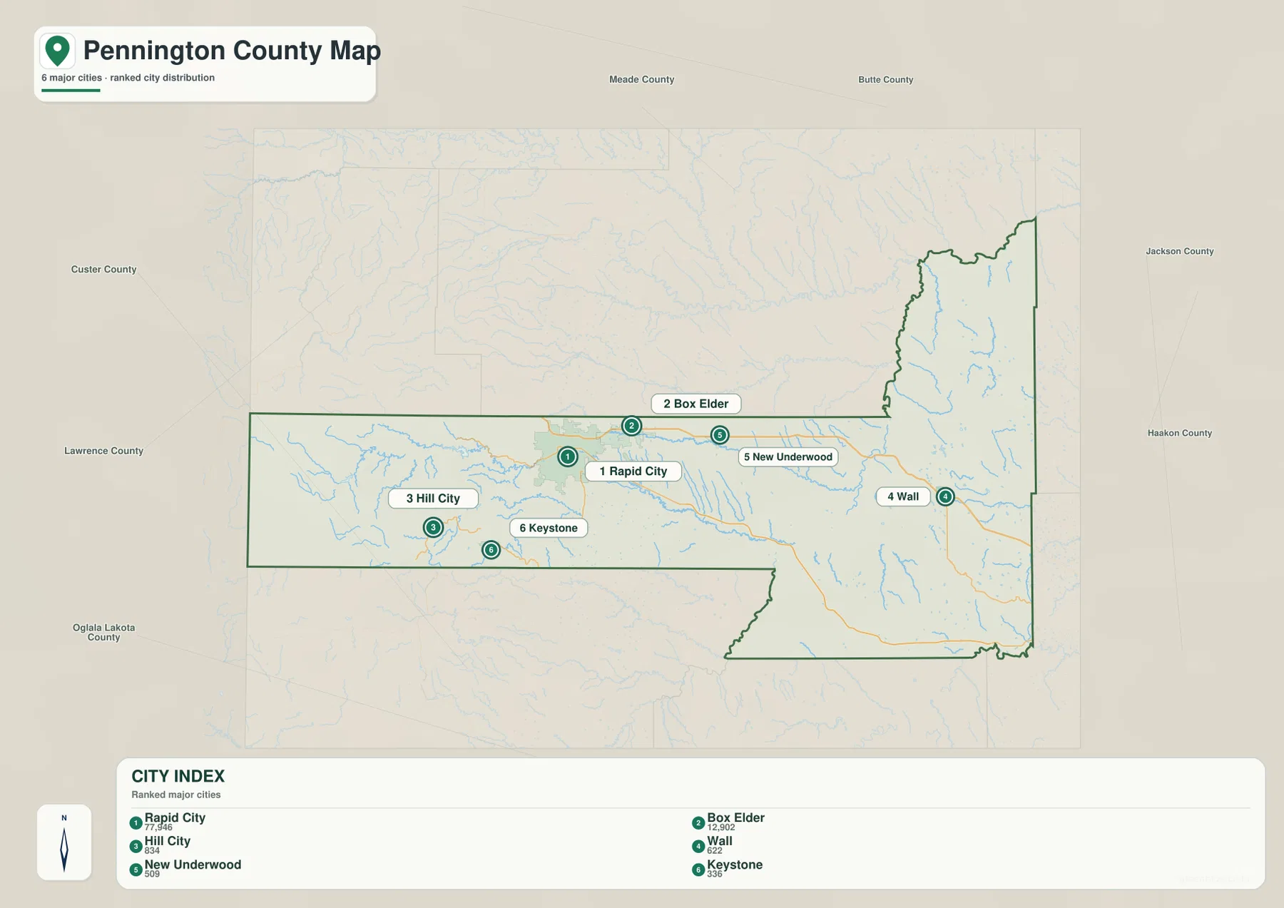 Pennington County city distribution map showing Rapid City, Box Elder, Hill City, Wall, New Underwood and Keystone