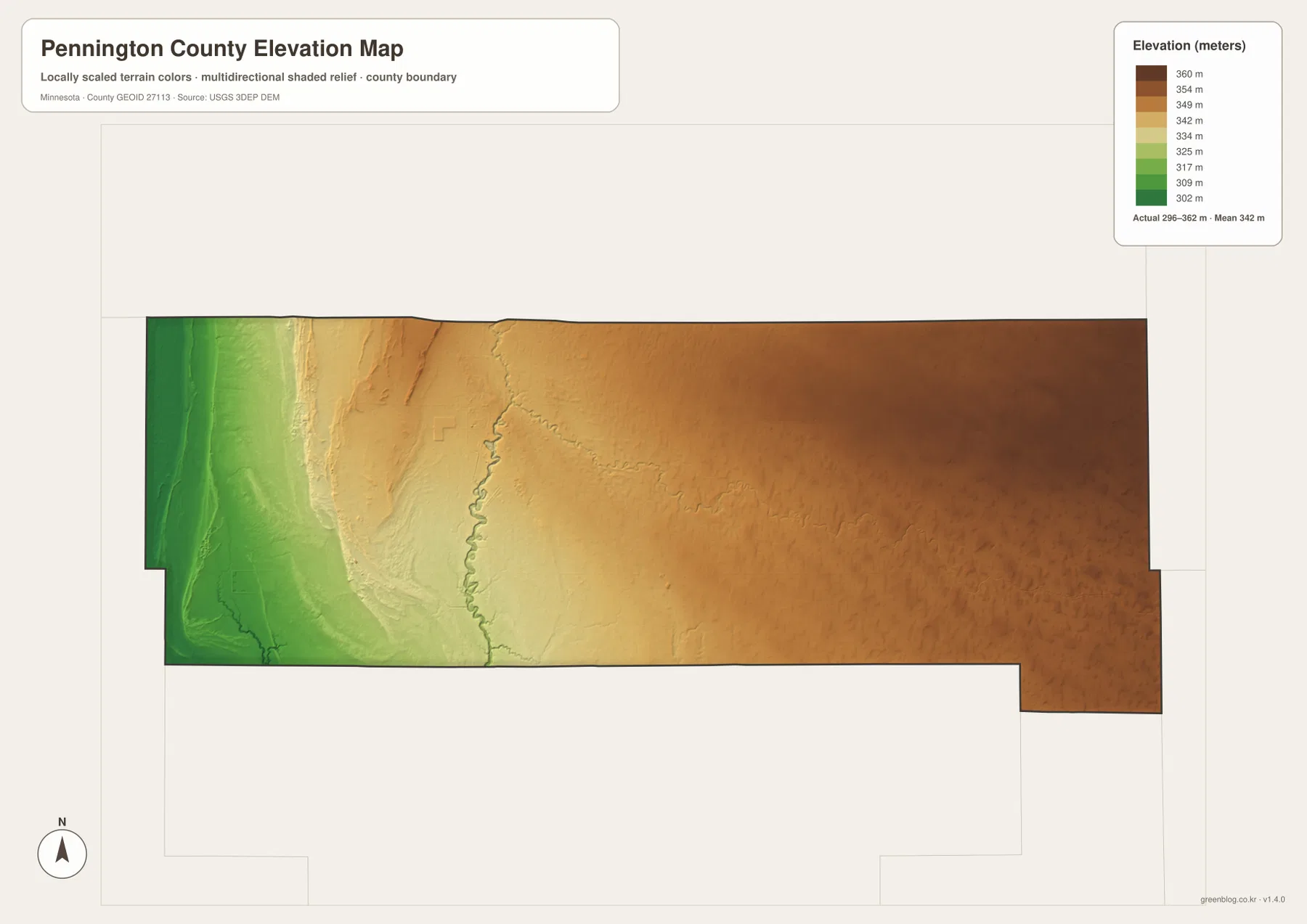 Pennington County Minnesota elevation map showing lower western terrain and higher eastern land