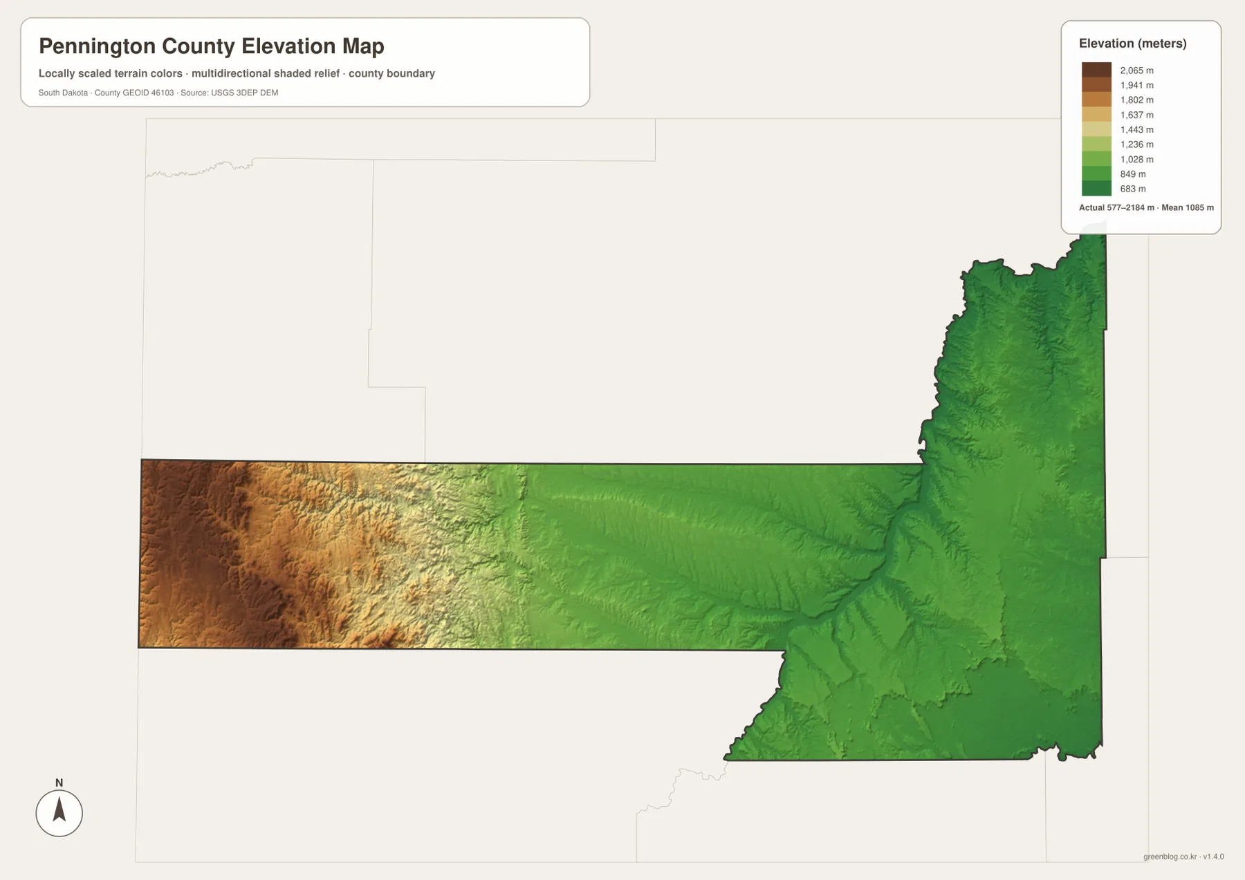 Pennington County South Dakota elevation map showing about 577 to 2184 meters, high Black Hills terrain and low eastern plains