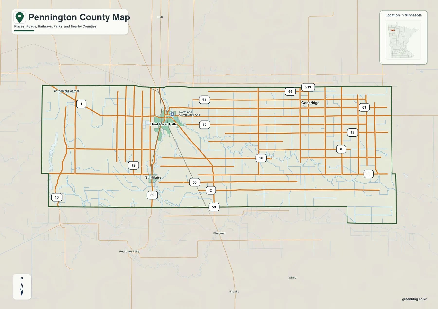 Pennington County Minnesota map showing Thief River Falls, St. Hilaire, Goodridge, and major roads