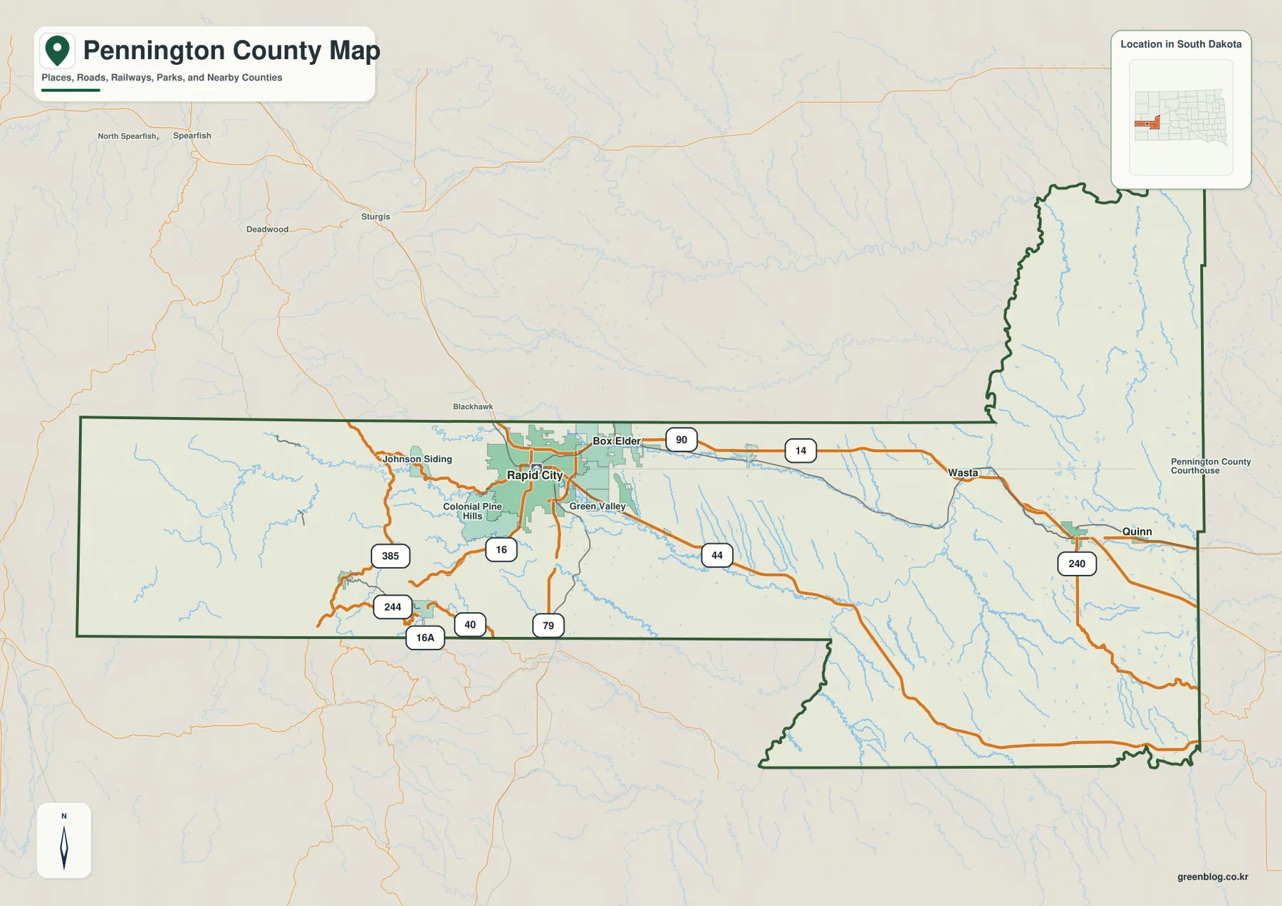 Pennington County South Dakota general map showing Rapid City, Box Elder, Wall, New Underwood, I-90, road 16 and road 44