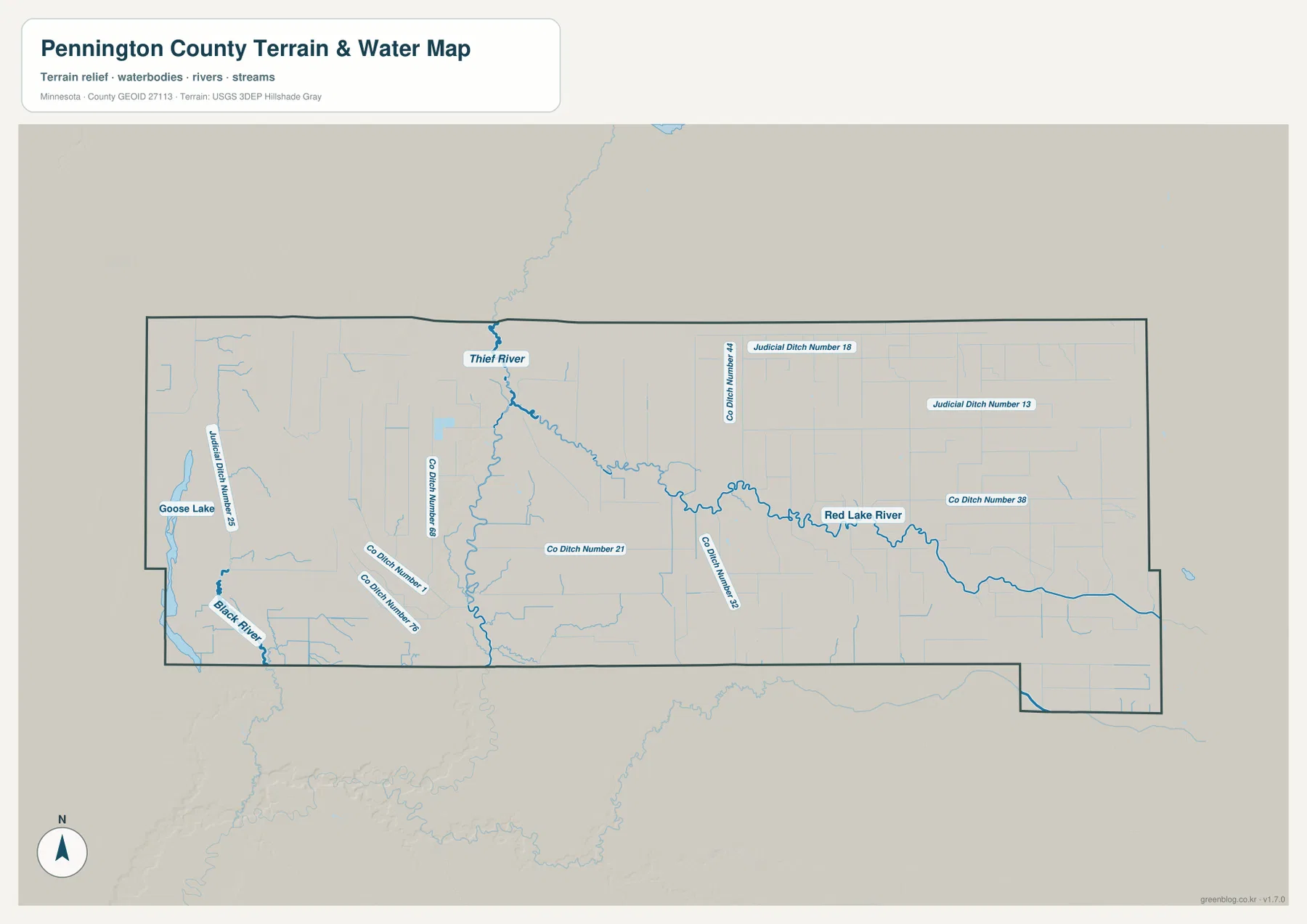 Pennington County Minnesota water map with Red Lake River, Thief River, Black River, and drainage ditches