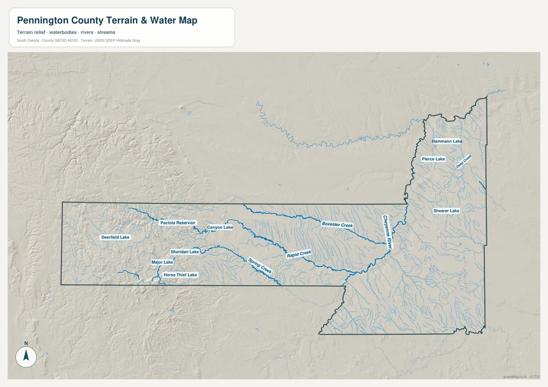 Pennington County water map showing Pactola Reservoir, Deerfield Lake, Rapid Creek, Spring Creek, Boxelder Creek and Cheyenne River