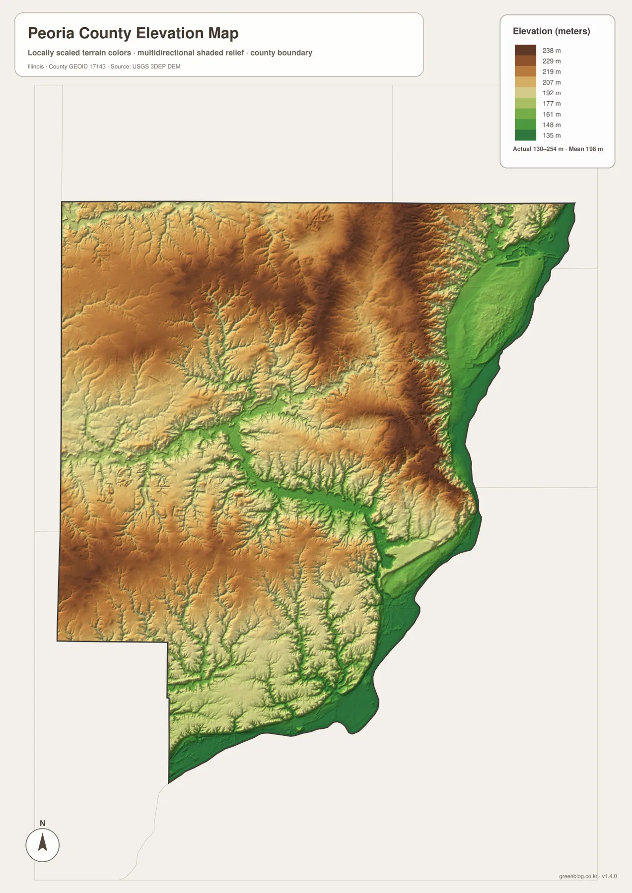 Peoria County elevation map showing the 130 to 254 meter range, low Illinois River flats, steep eastern bluffs, high western interior, and the Kickapoo Creek valley