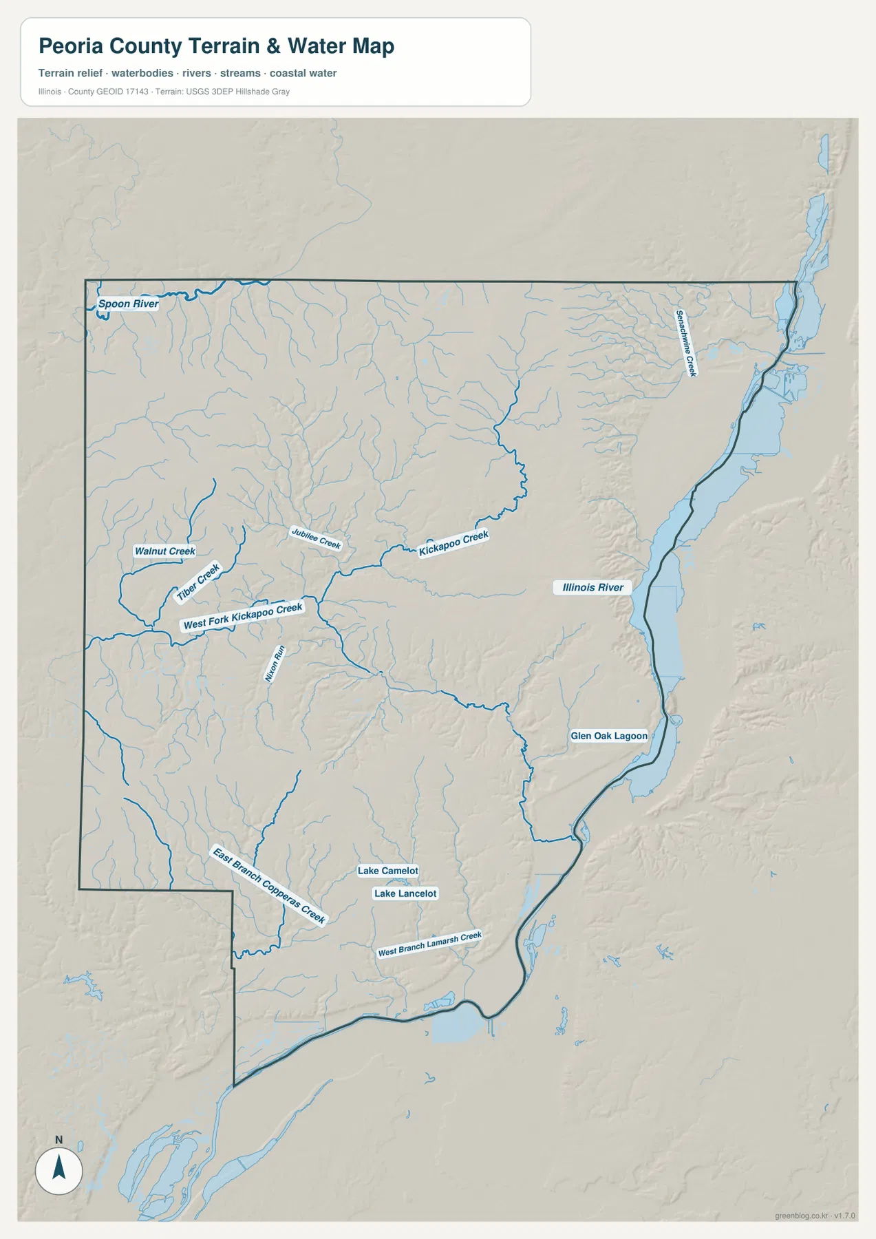 Peoria County terrain and water map showing Illinois River, Kickapoo Creek, West Fork Kickapoo Creek, Walnut Creek, Timber Creek, Jubilee Creek, and named lakes