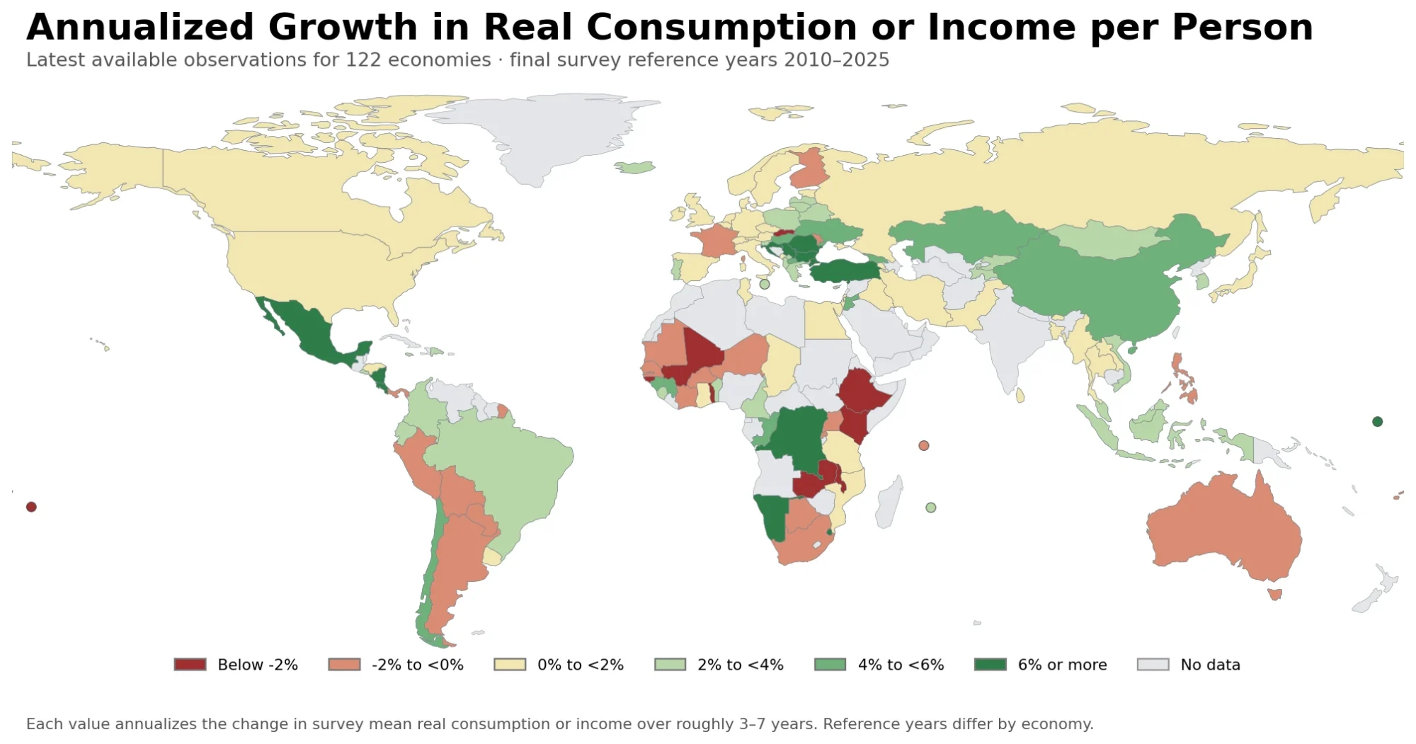 World map of the latest available annualized growth in real survey mean consumption or income per person
