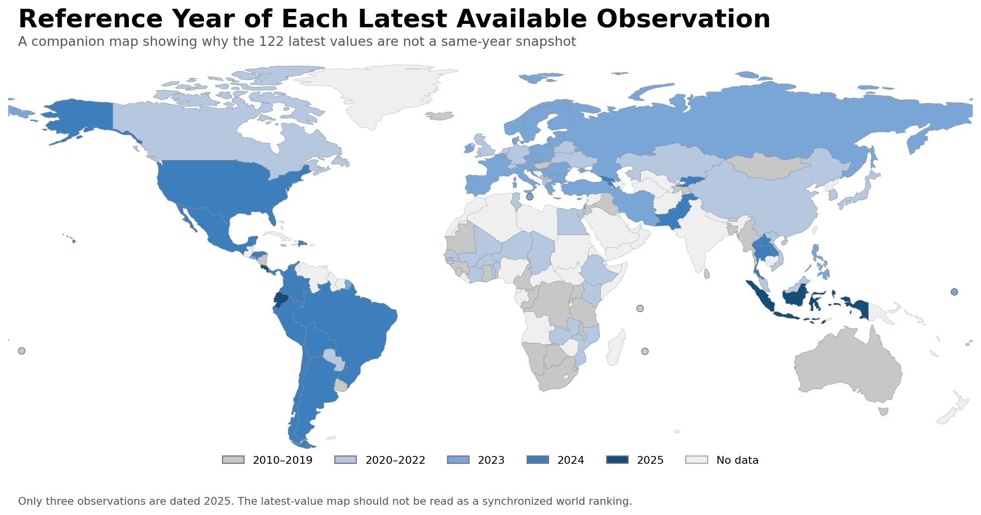 World map showing the final survey reference year of each latest available SI.SPR.PCAP.ZG observation