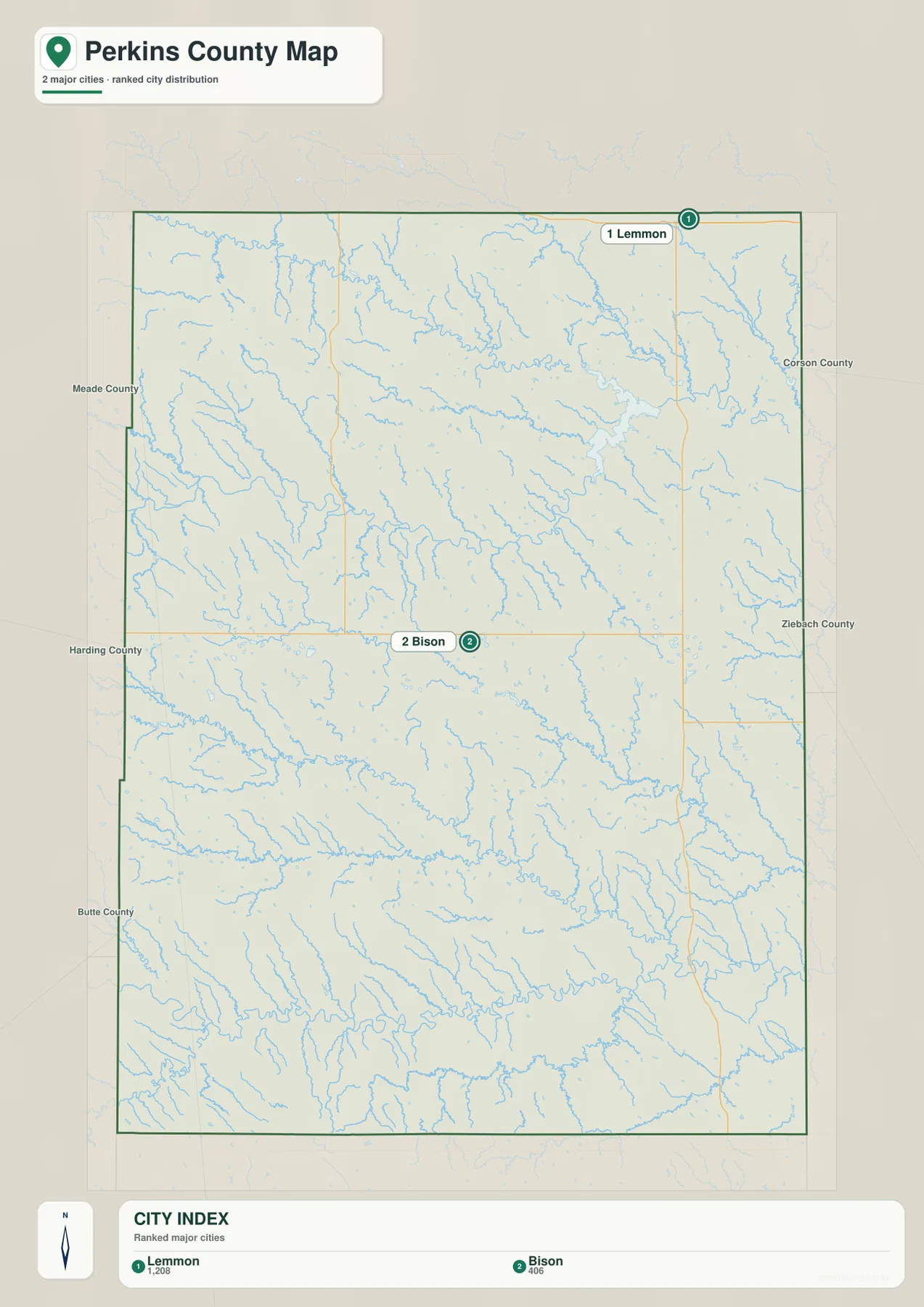 Perkins County city distribution map showing Lemmon and Bison without connector lines or mileage labels