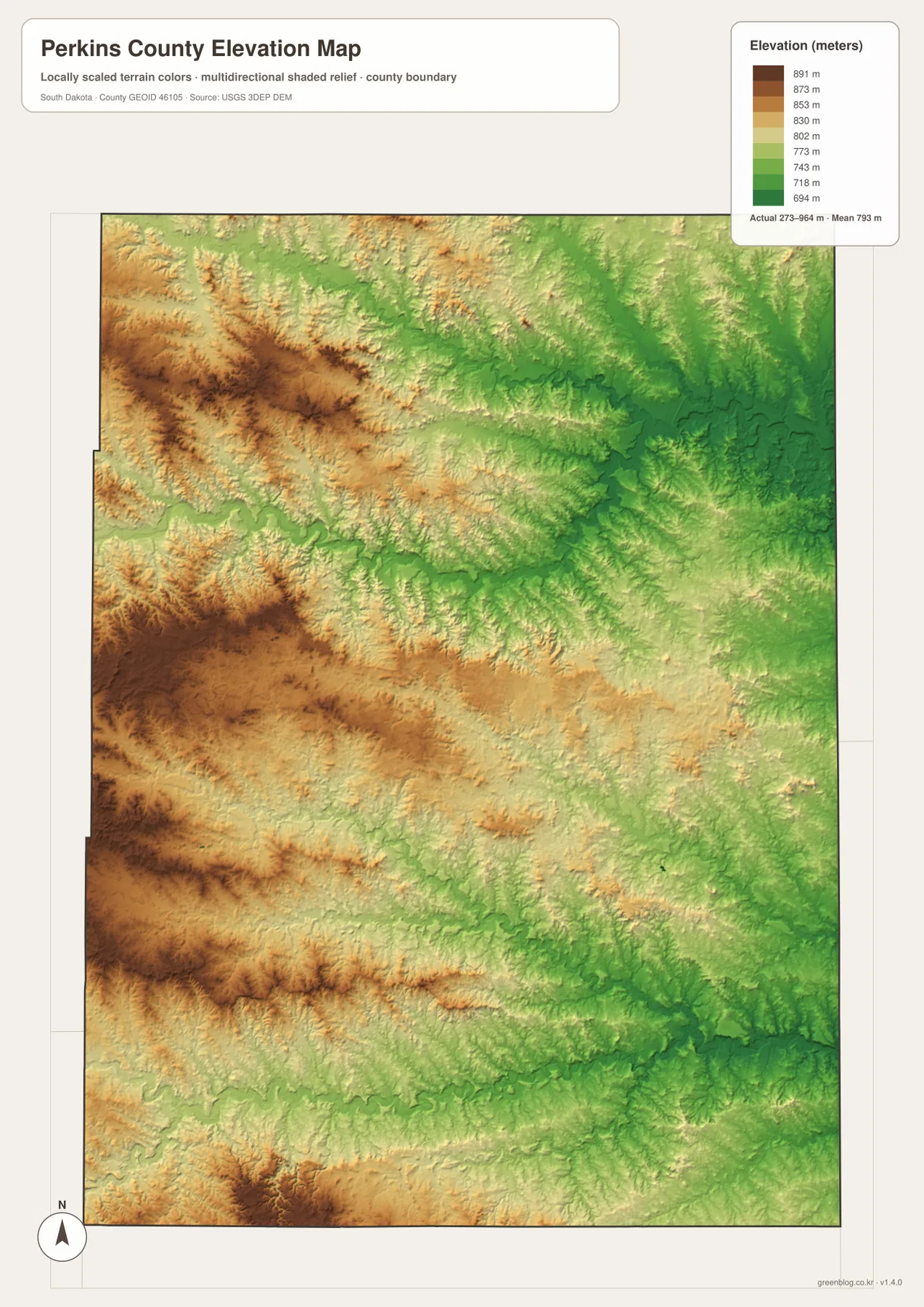Perkins County South Dakota elevation map with legend Actual values about 273 to 964 meters, high western ridges and lower eastern river valleys