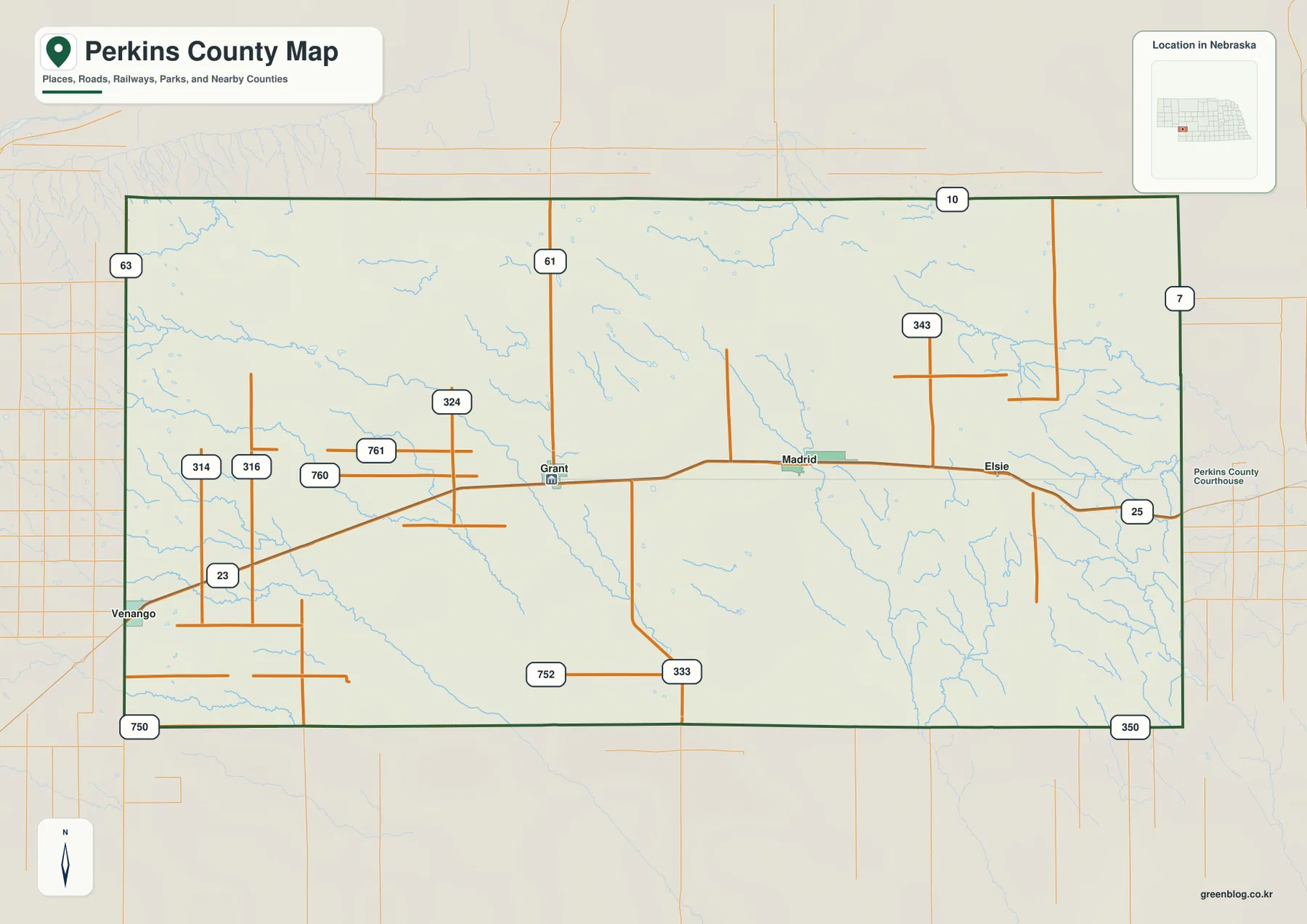 Grant, Madrid, Elsie, Venango와 Highway 23 및 Highway 61을 표시한 Perkins County 지도