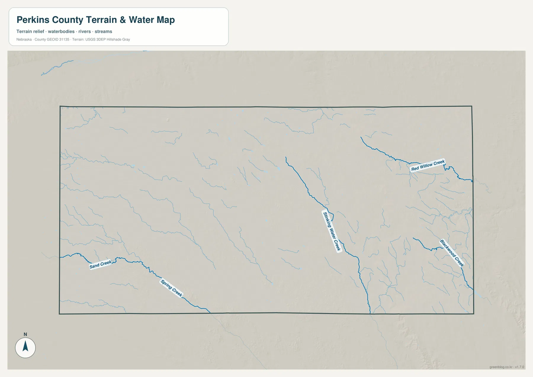 Sand Creek, Spring Creek, Sinking Water Creek, Red Willow Creek, Blackwood Creek를 표시한 Perkins County 수역 지도