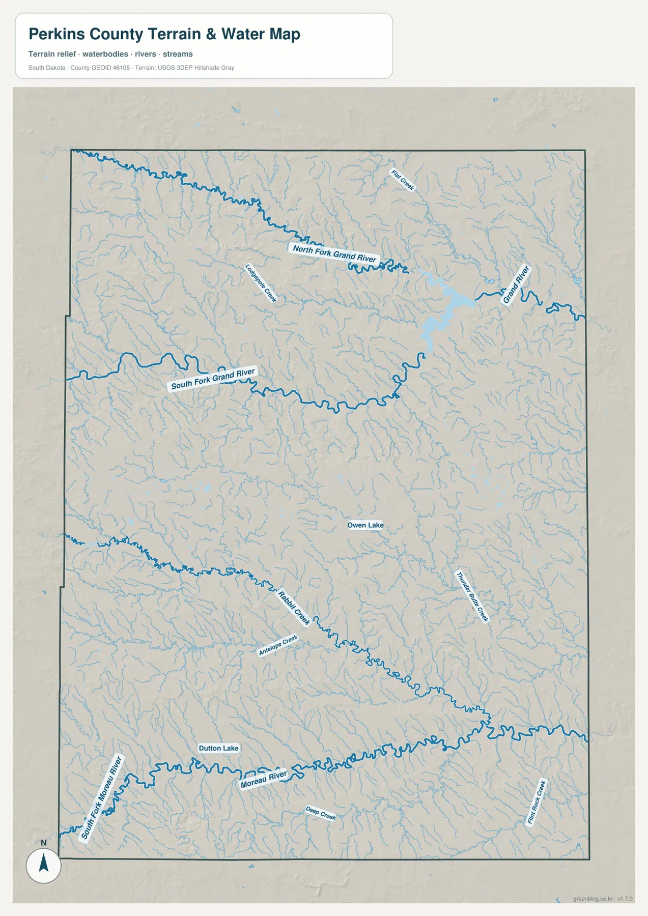 Perkins County water map showing North Fork and South Fork Grand River, Rabbit Creek, Moreau River and South Fork Moreau River