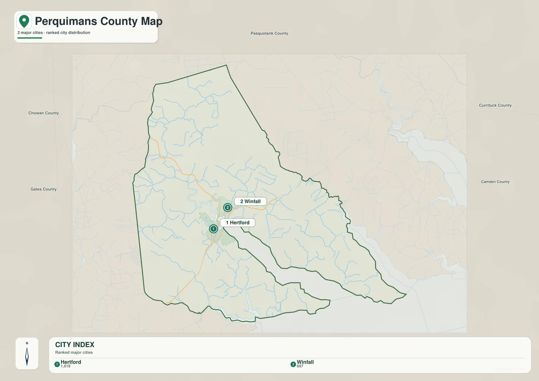 Perquimans County city distribution map showing Hertford and Winfall