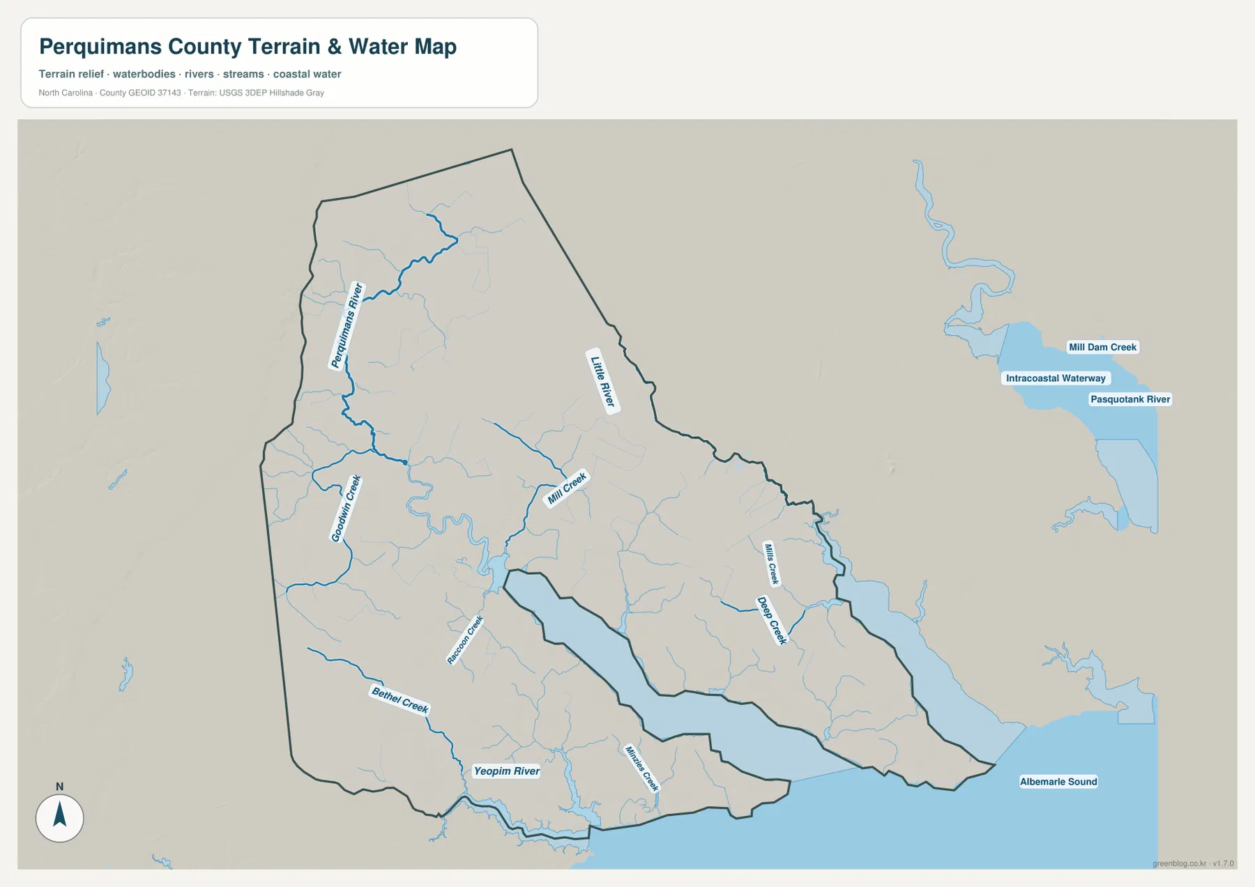 Perquimans County terrain and water map showing Perquimans River Little River Goodwin Creek Yeopim River and Albemarle Sound