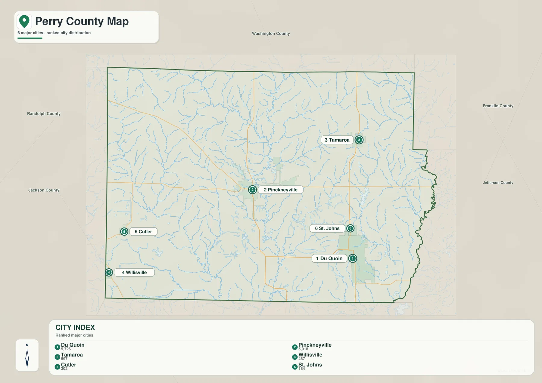 Du Quoin, Pinckneyville, Tamaroa, Willisville, Cutler, St. Johns의 위치와 순위를 보여 주는 Perry County 도시 지도