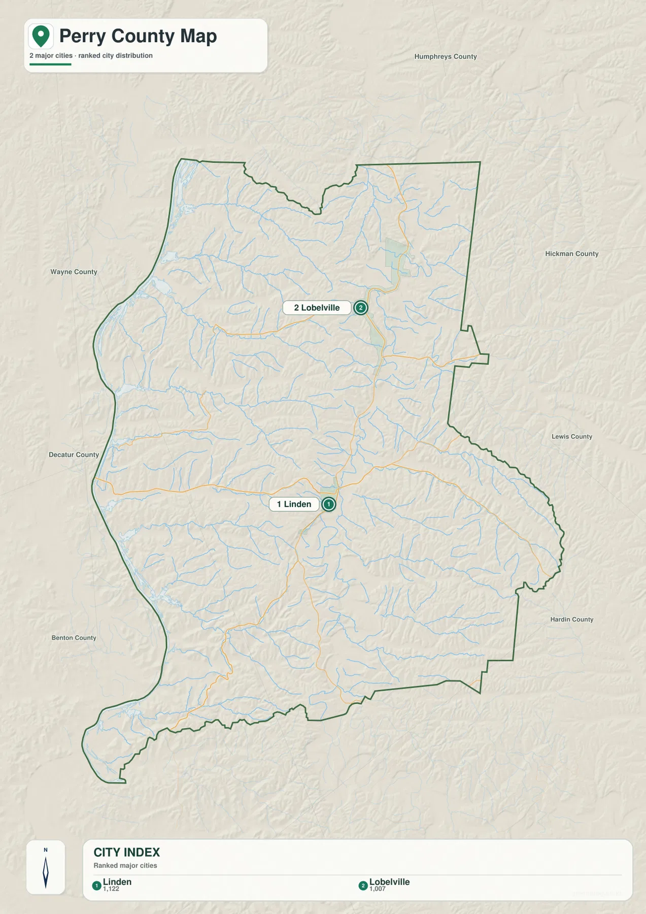 Perry County city map showing Linden and Lobelville