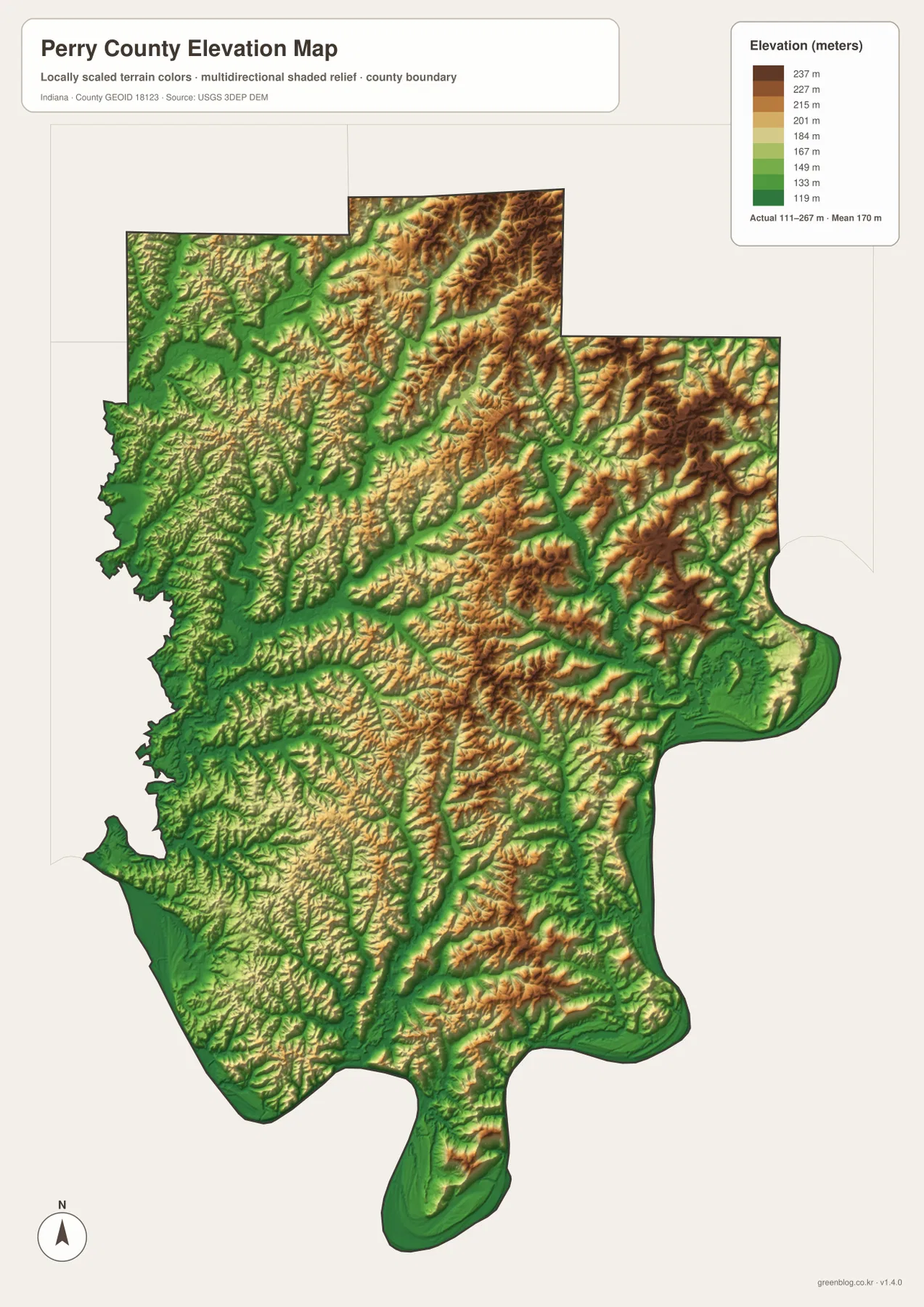 Perry County 고도 지도에서 Ohio River 경계와 creek 계곡은 낮은 녹색, 북동부와 중동부는 높은 황갈색·갈색 능선으로 나타난 모습