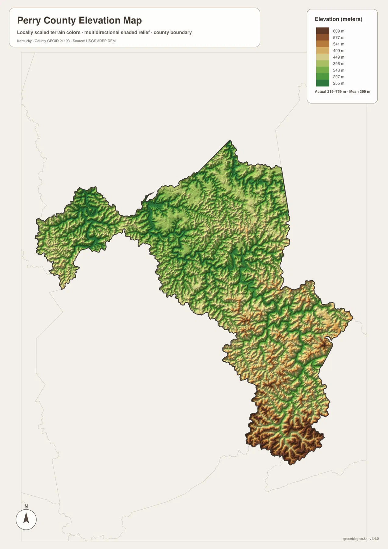 Perry County의 약 219~759m 고도 범위와 North Fork Kentucky River 골짜기, 남부·남동부 높은 능선을 보여 주는 고도 지도