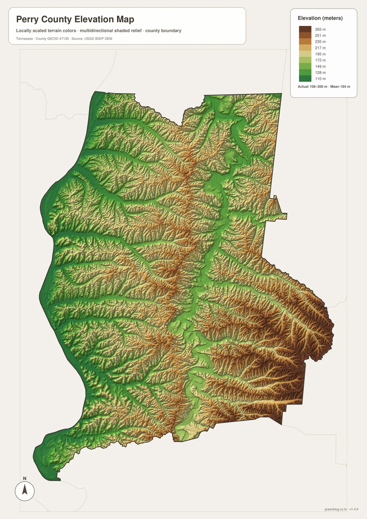 Perry County elevation map showing 108 to 300 meter relief