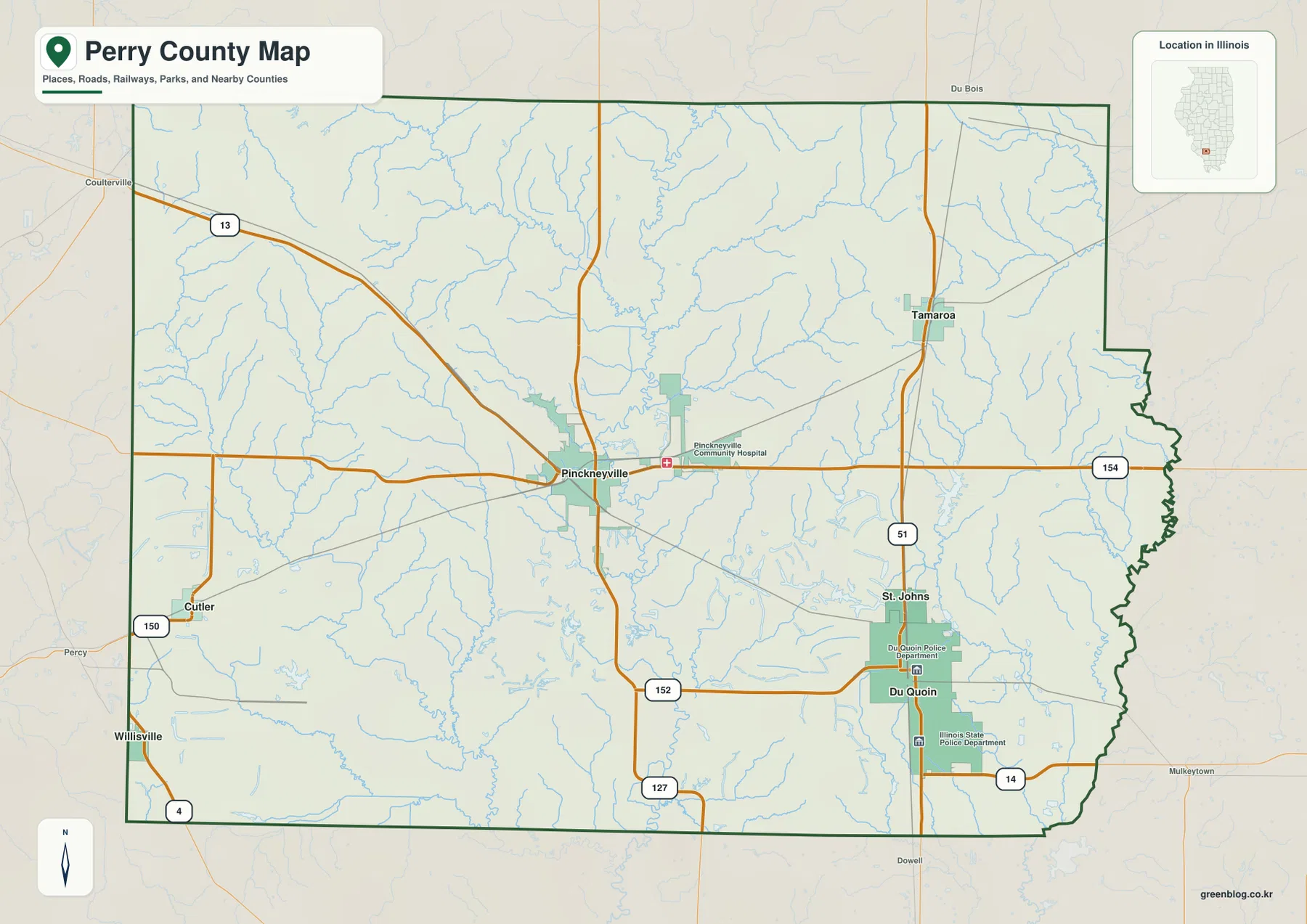 Pinckneyville, Du Quoin, Tamaroa, St. Johns, Cutler, Willisville와 주요 도로를 보여 주는 일리노이주 Perry County 지도