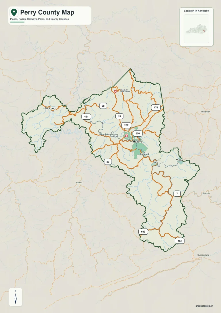 켄터키주 페리 카운티 지도(Perry County) – Hazard·North Fork Kentucky River와 애팔래치아 산지