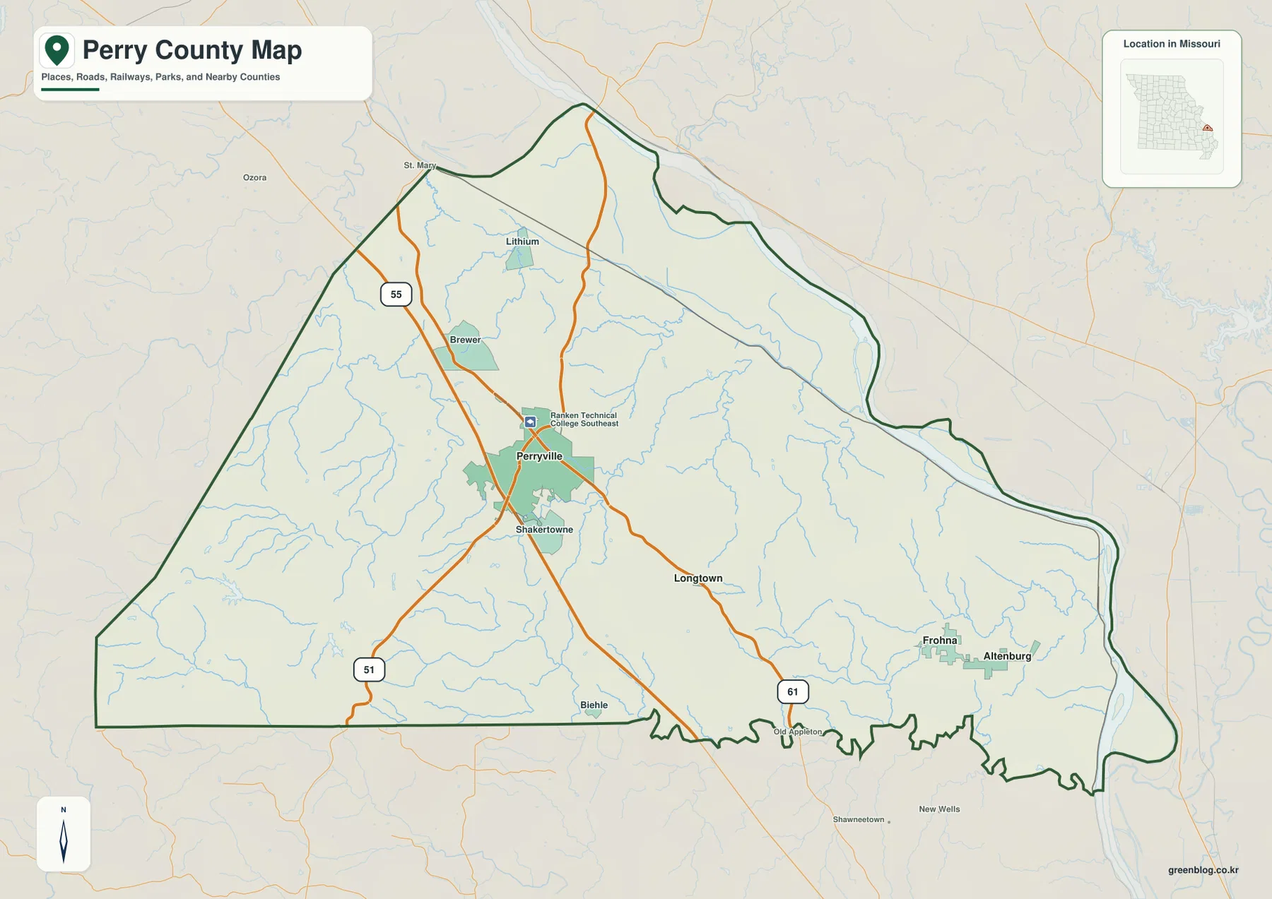 Perryville, Longtown, Frohna, Altenburg와 I-55, Route 51, U.S. 61을 표시한 미주리주 Perry County 지도