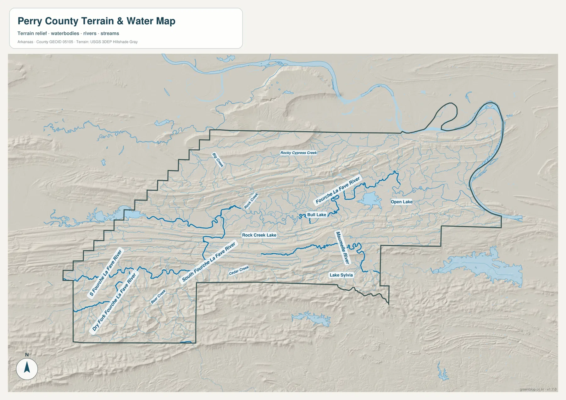 Fourche La Fave River, South Fourche La Fave River, Maumelle River와 여러 creek·호수를 표시한 페리 카운티 수역 지형 지도