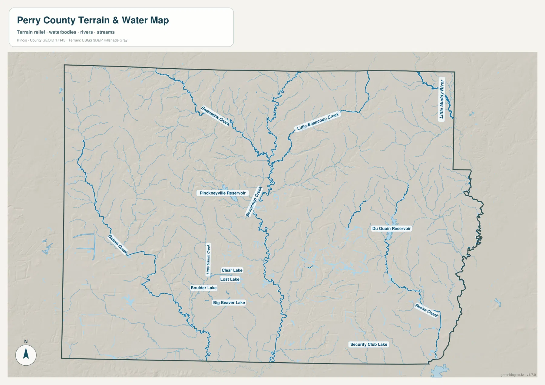 Beaucoup Creek, Swanwick Creek, Little Beaucoup Creek, Pinckneyville Reservoir, Du Quoin Reservoir와 남서부 여러 호수를 보여 주는 Perry County 수역 지도