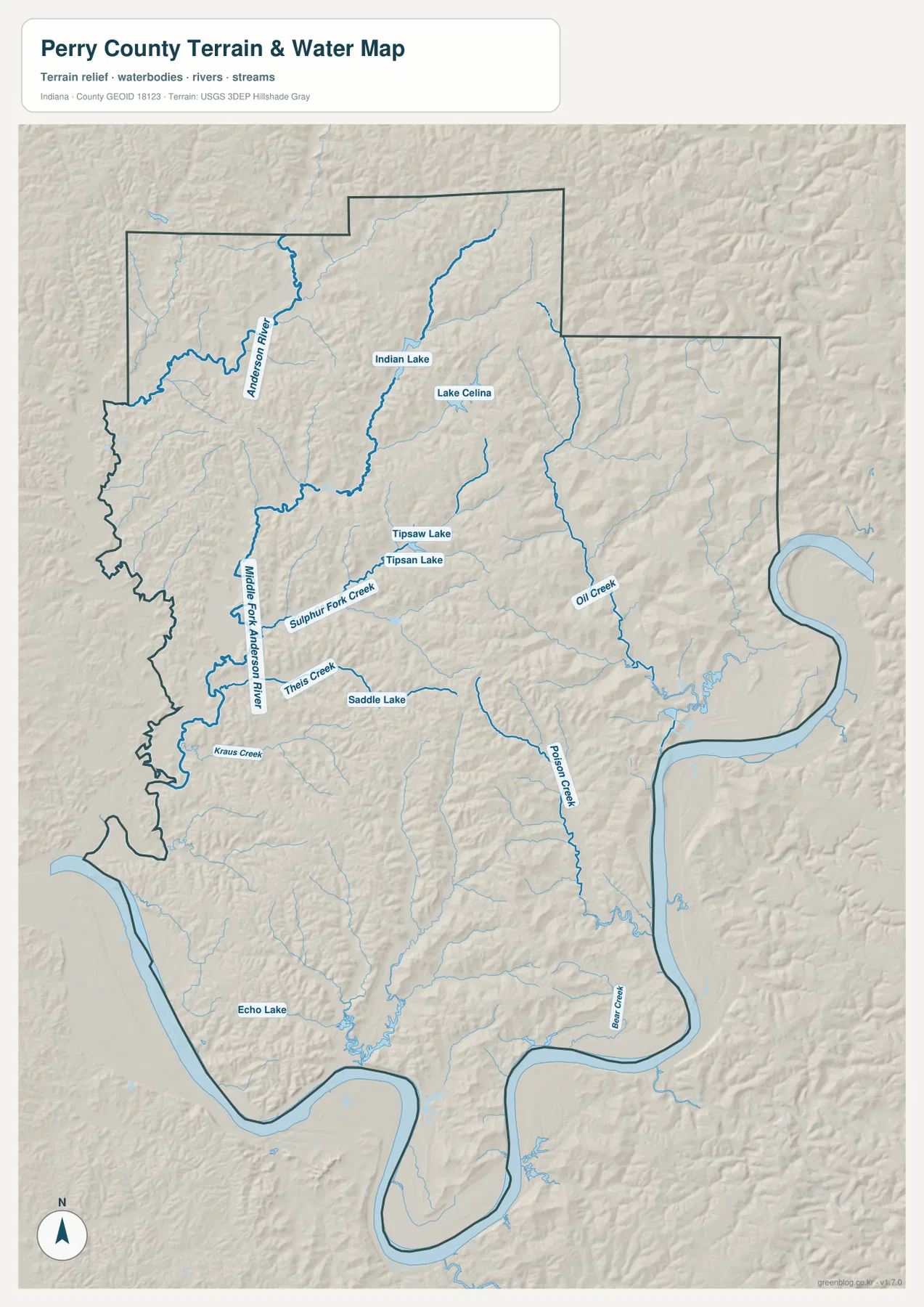 Perry County 수역·지형 지도에 Anderson River, Middle Fork Anderson River, Indian Lake, Lake Celina, Tipsaw Lake, Oil Creek, Poison Creek, Bear Creek가 표시된 모습