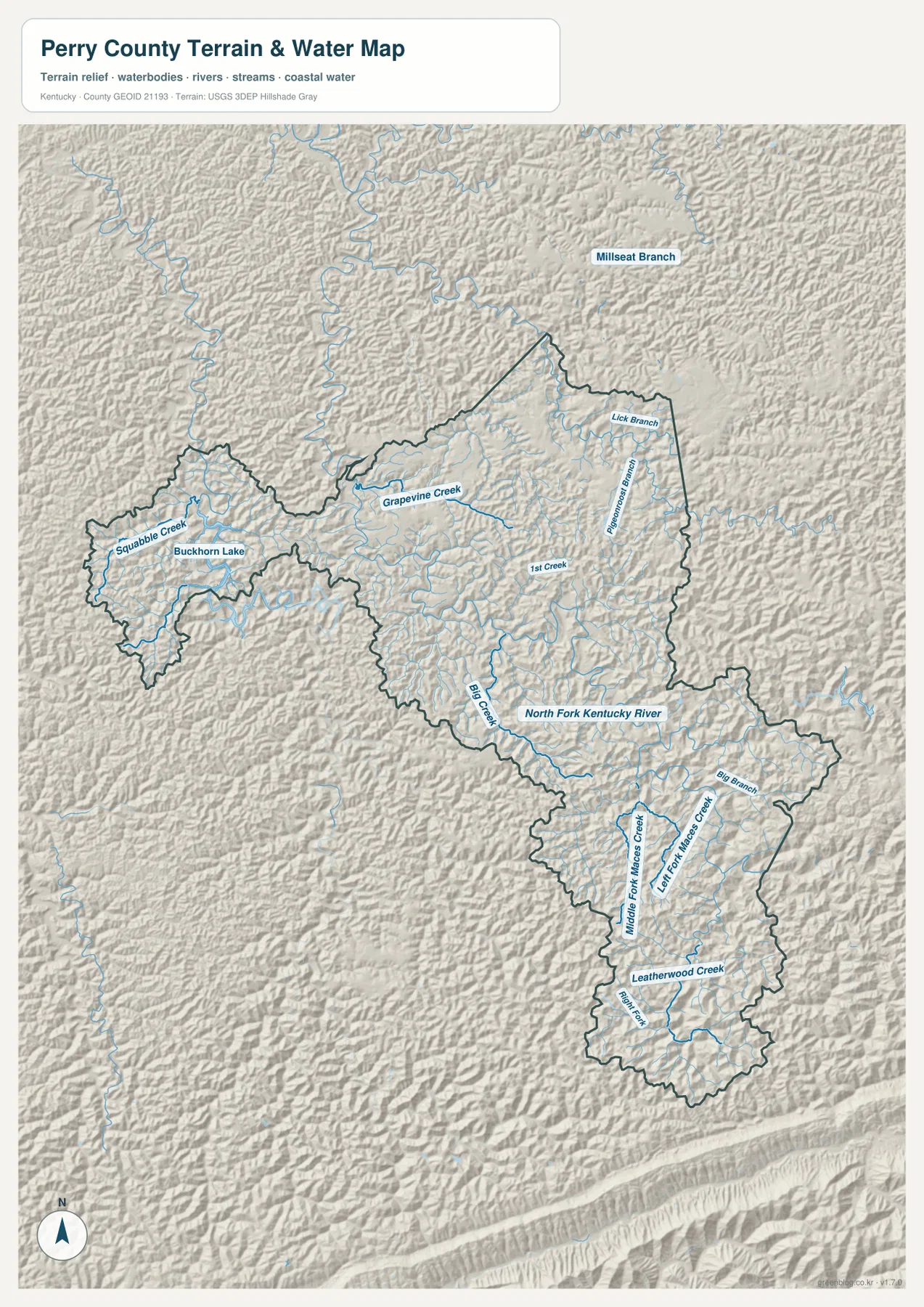 Perry County의 North Fork Kentucky River, Big Creek, Grapevine Creek, Buckhorn Lake, Squabble Creek, Maces Creek 계통, Leatherwood Creek를 표시한 수역·지형 지도