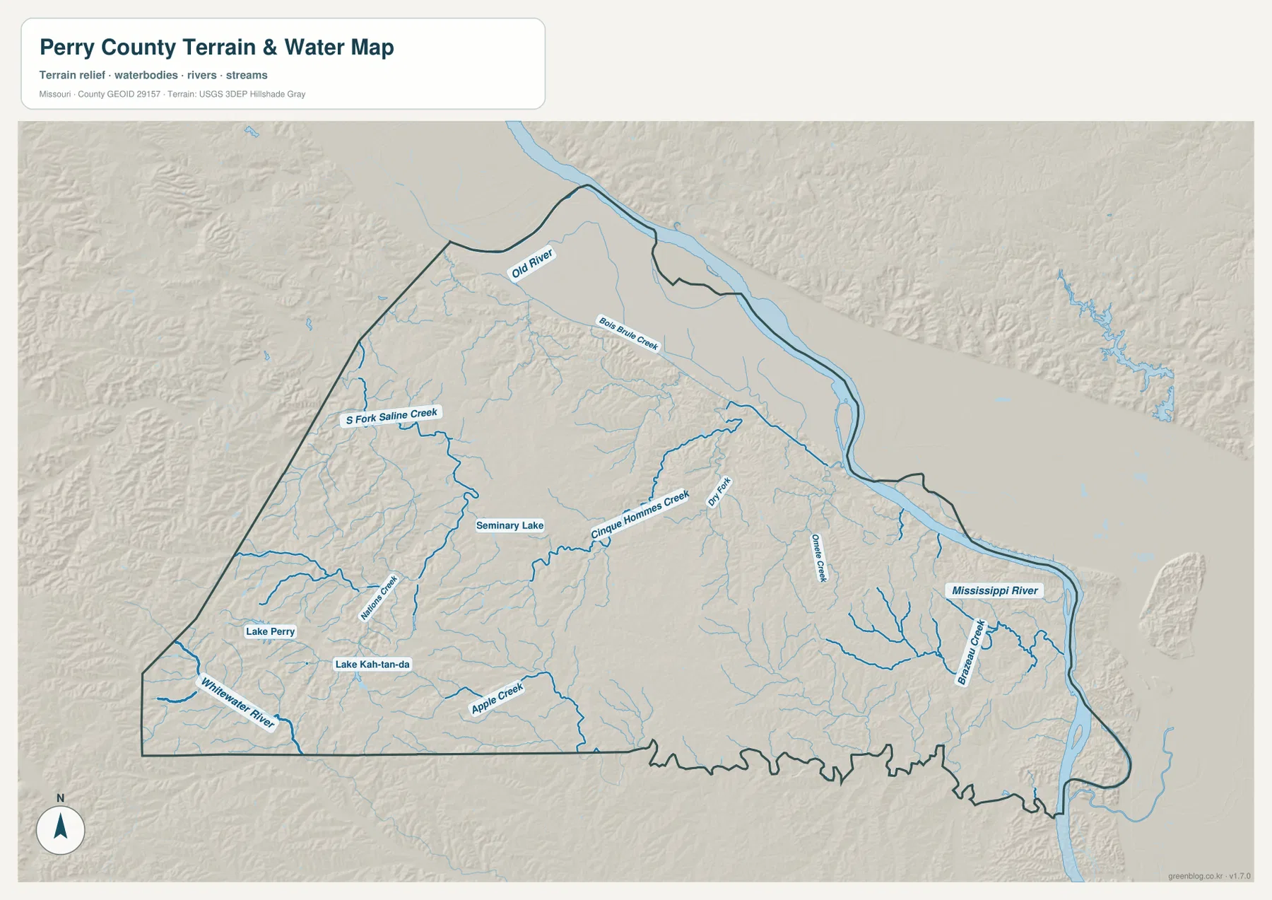 Mississippi River, Cinque Hommes Creek, South Fork Saline Creek, Whitewater River, Apple Creek와 호수를 표시한 Perry County 지형 수역 지도