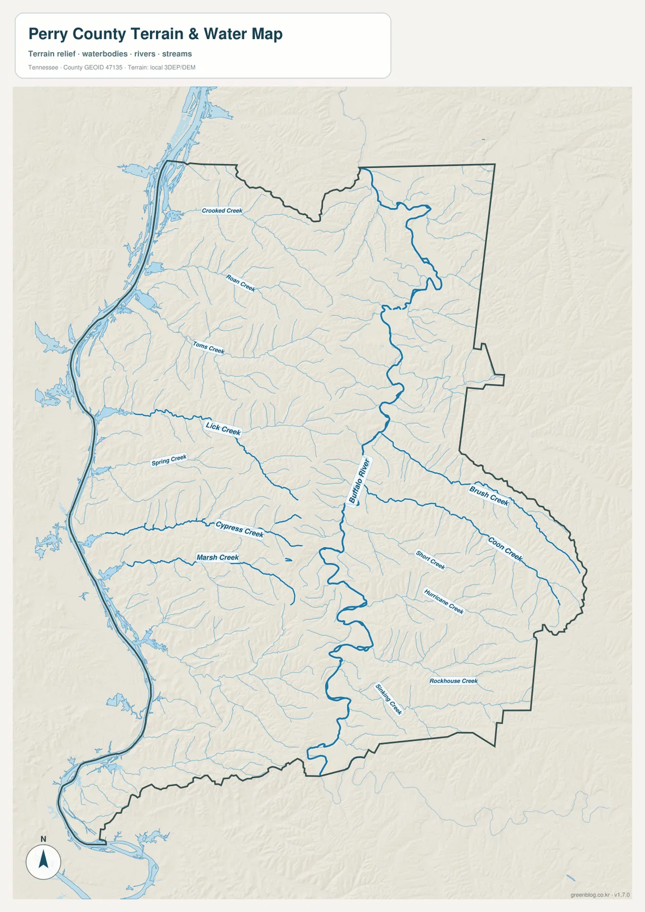 Perry County water map with Tennessee River, Buffalo River, and named creeks