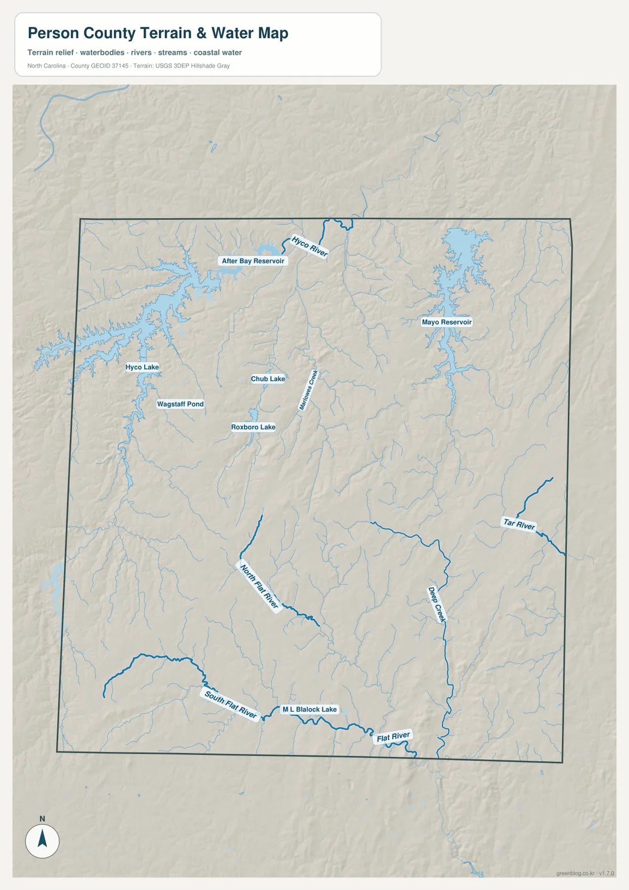 퍼슨 카운티 Hyco Lake Mayo Reservoir Flat River Tar River 수역 지형 지도