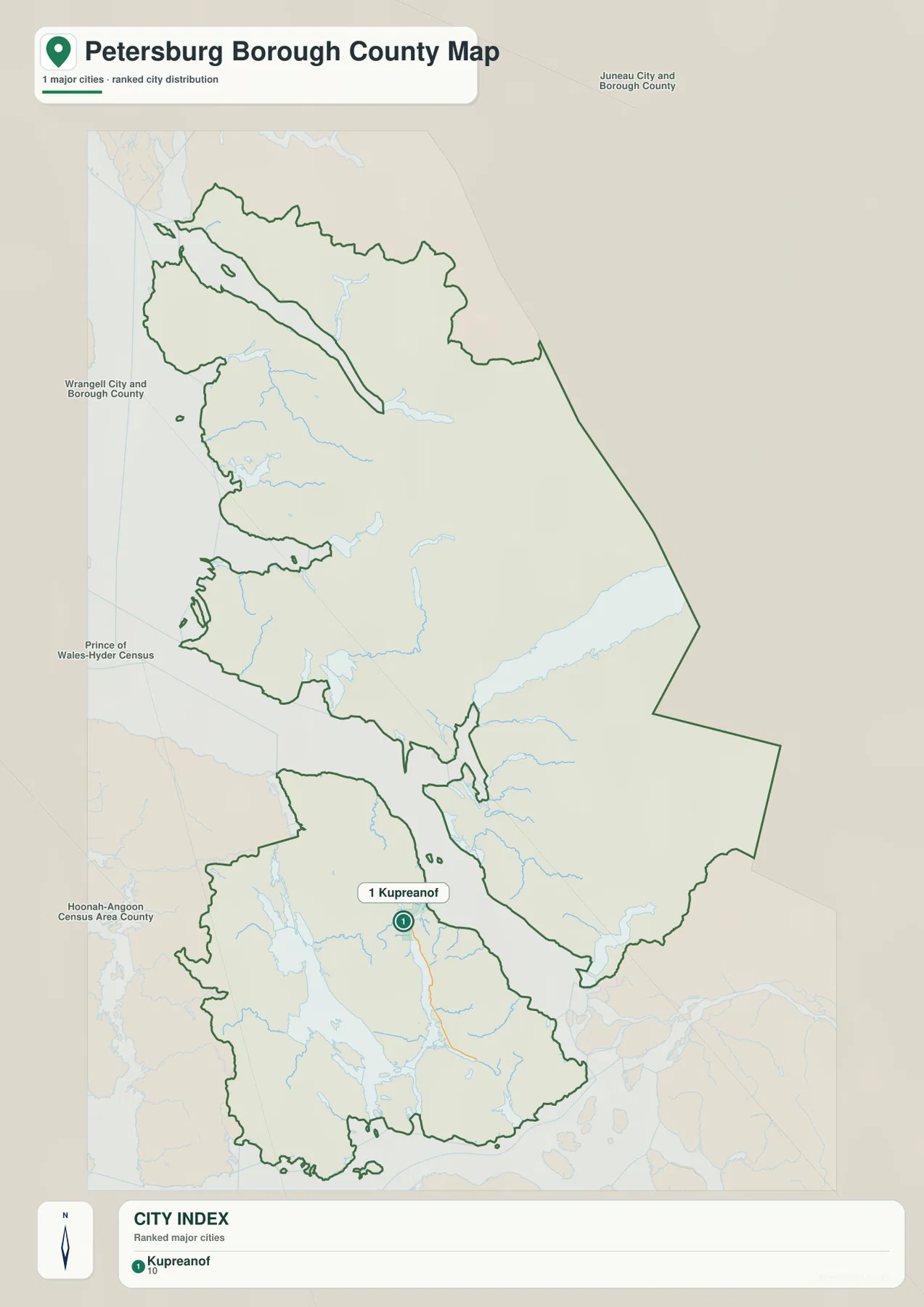 Petersburg Borough city distribution map showing Kupreanof and nearby Alaska county-equivalents