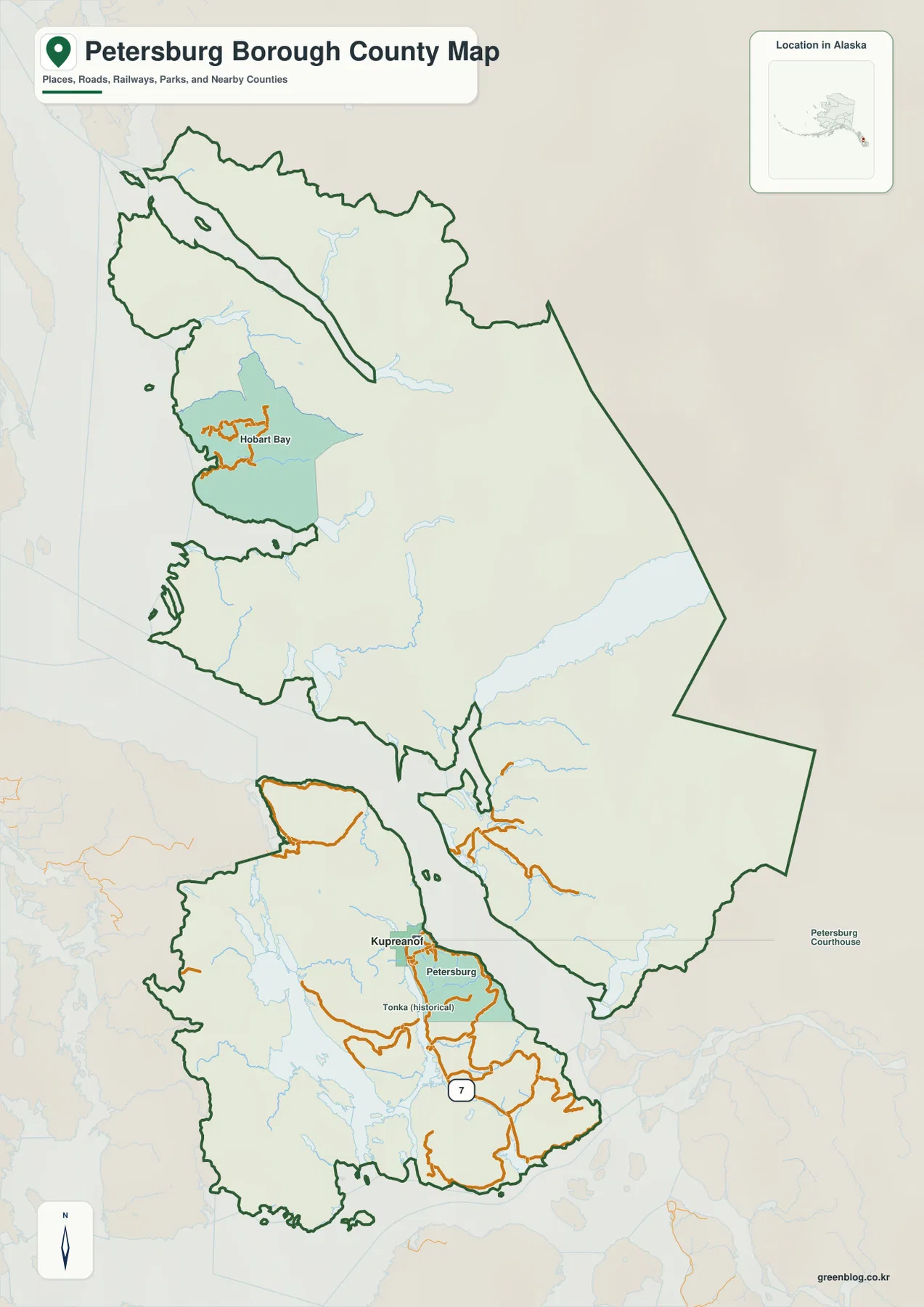 Petersburg Borough Map with Petersburg, Kupreanof, Hobart Bay, Route 7, roads, and borough boundary