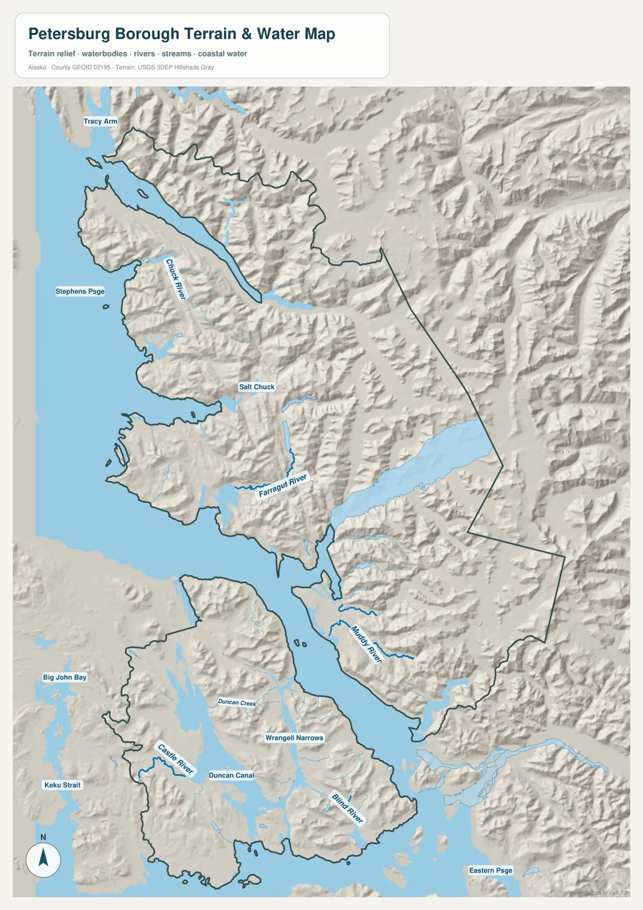 Petersburg Borough terrain and water map with Wrangell Narrows, Farragut River, Chuck River, Duncan Canal, and Blind River
