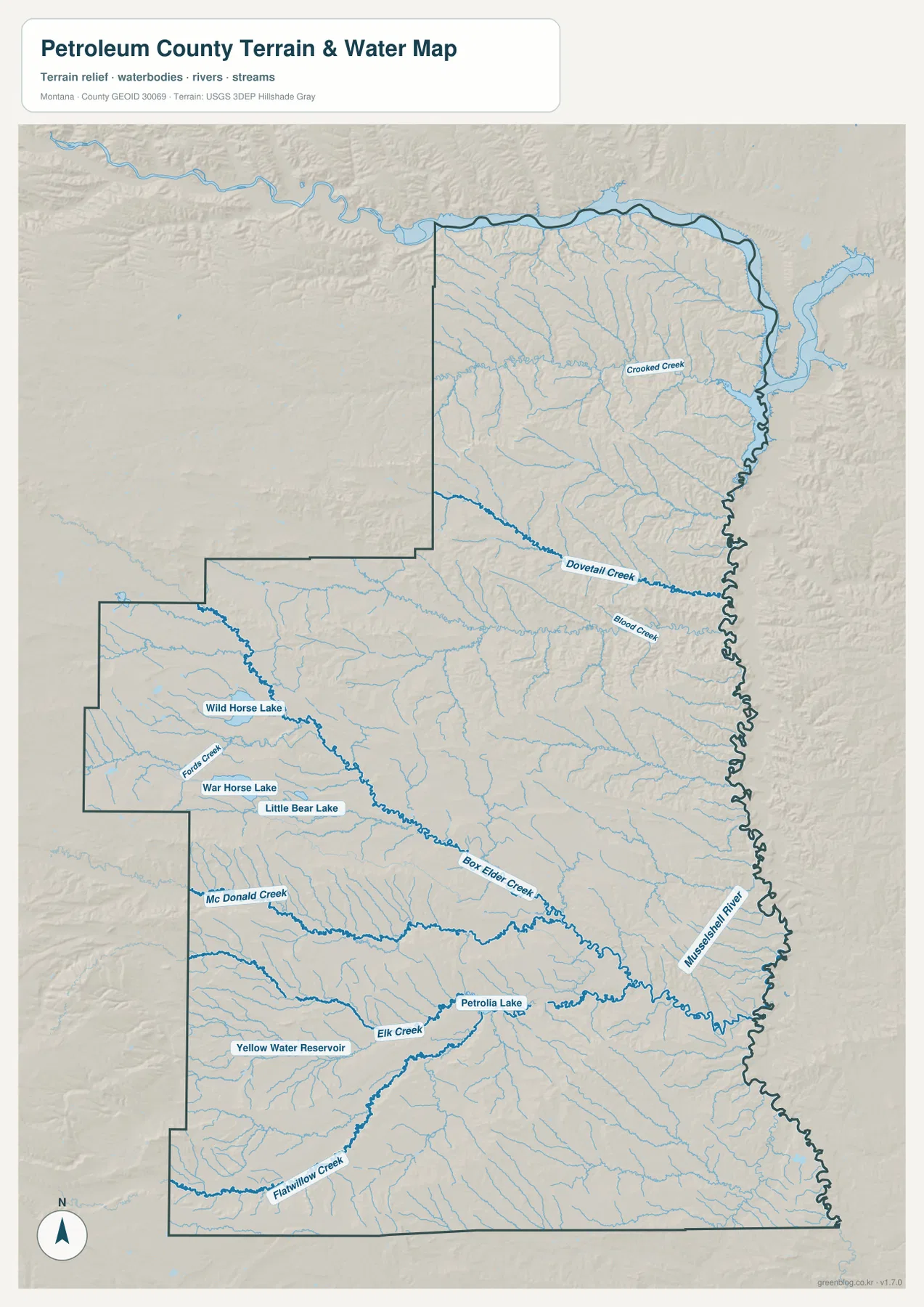 Musselshell River, Box Elder Creek, Dovetail Creek, Crooked Creek, Flatwillow Creek와 주요 호수를 표시한 Petroleum County 수역 지형 지도