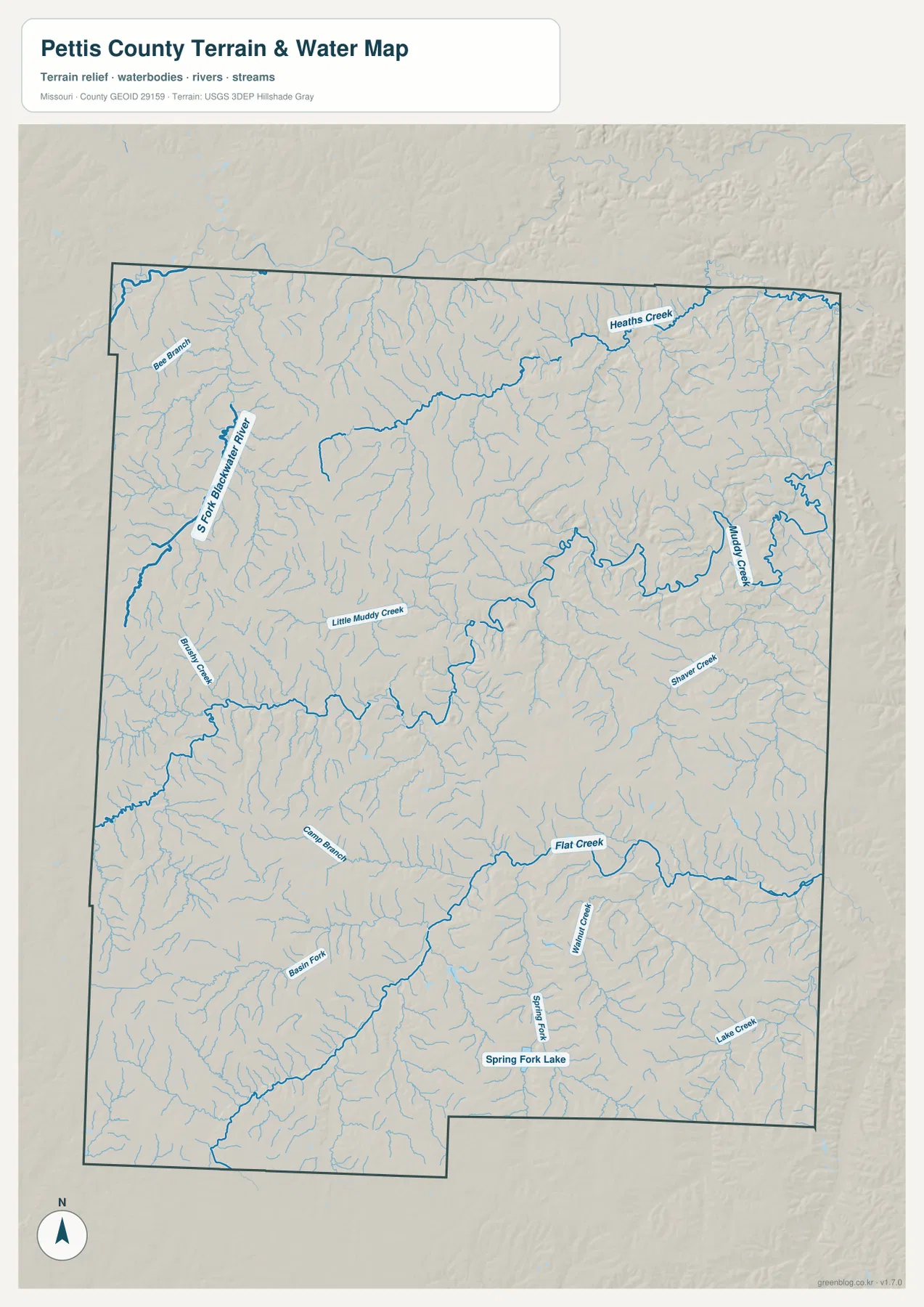 South Fork Blackwater River, Little Muddy Creek, Muddy Creek, Flat Creek, Heaths Creek와 Spring Fork Lake를 표시한 Pettis County 지형 수역 지도