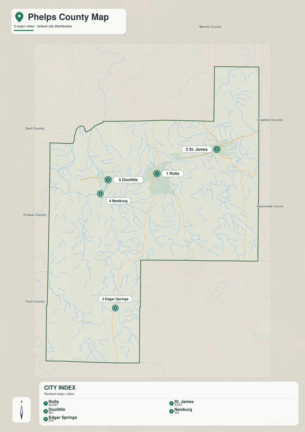 Phelps County city map showing Rolla, St. James, Doolittle, Newburg, and Edgar Springs