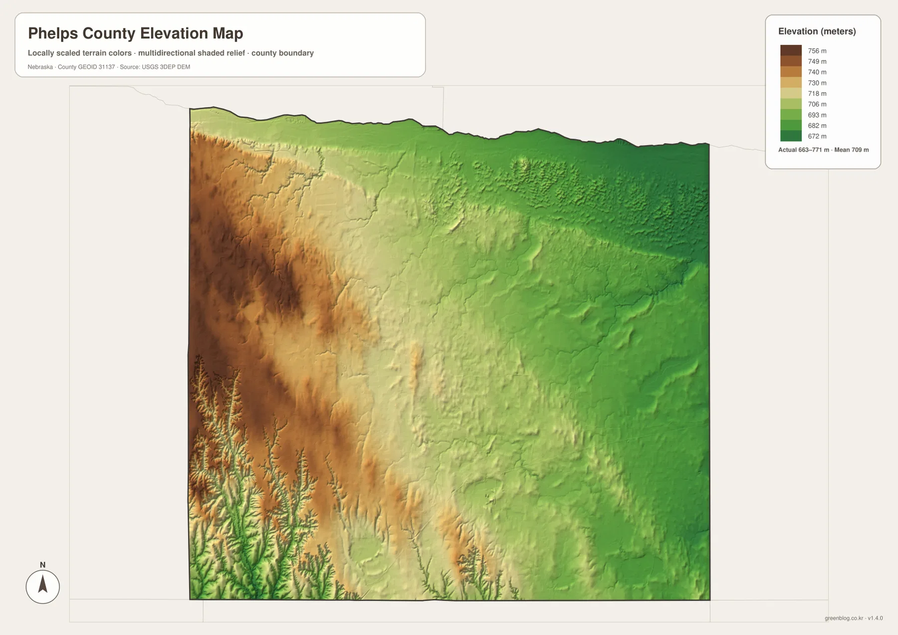 Phelps County elevation map showing higher western uplands and lower eastern and northern terrain